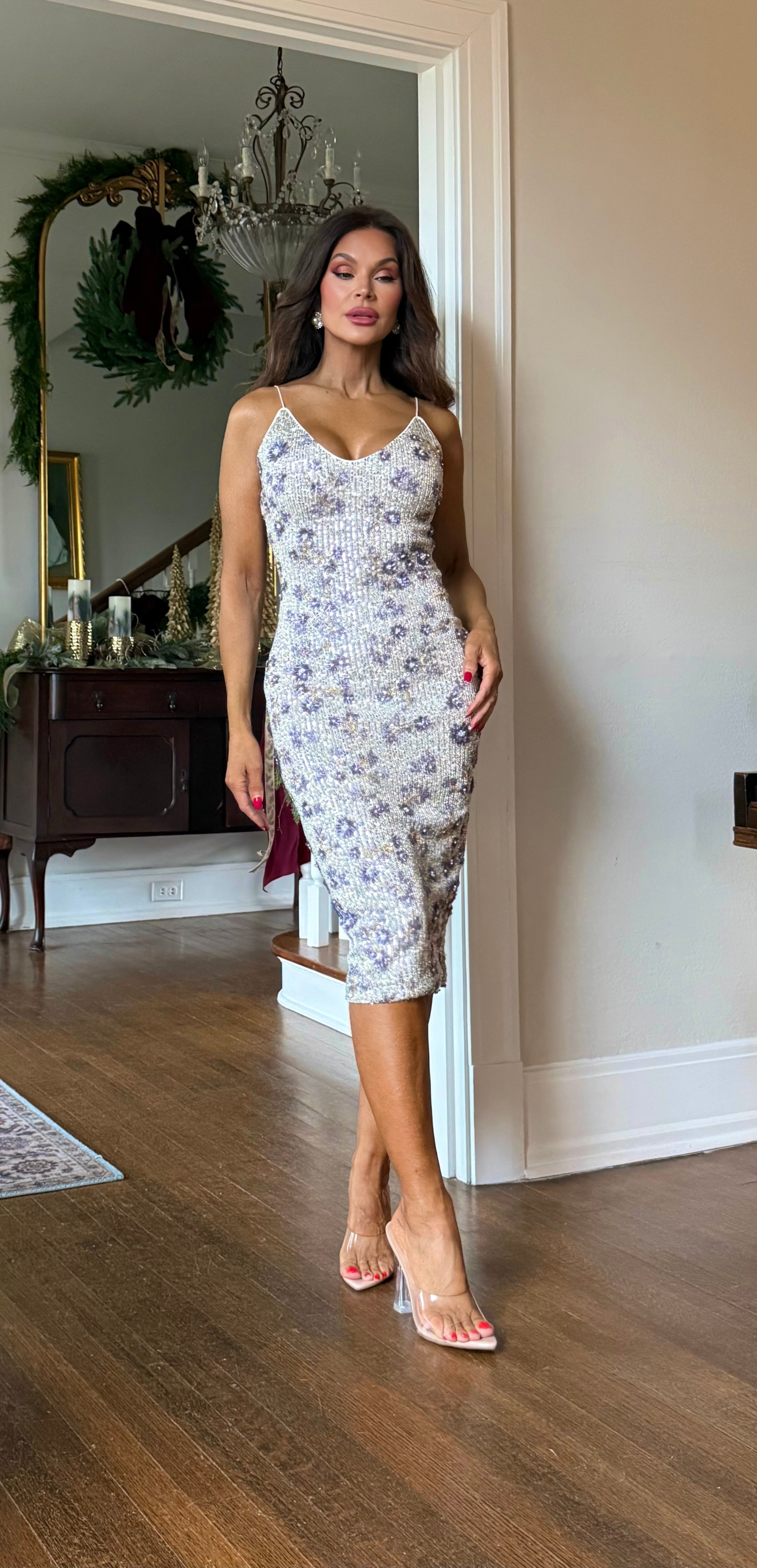 Samantha Champagne Sequin Midi With Purple Floral Detail