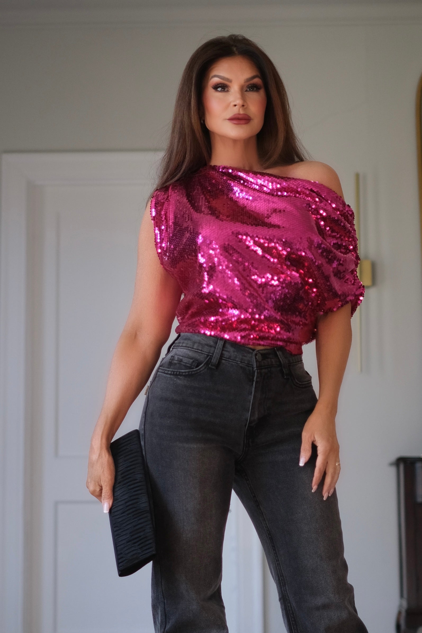 Lila Pink Sequin Off the Shoulder Blouse