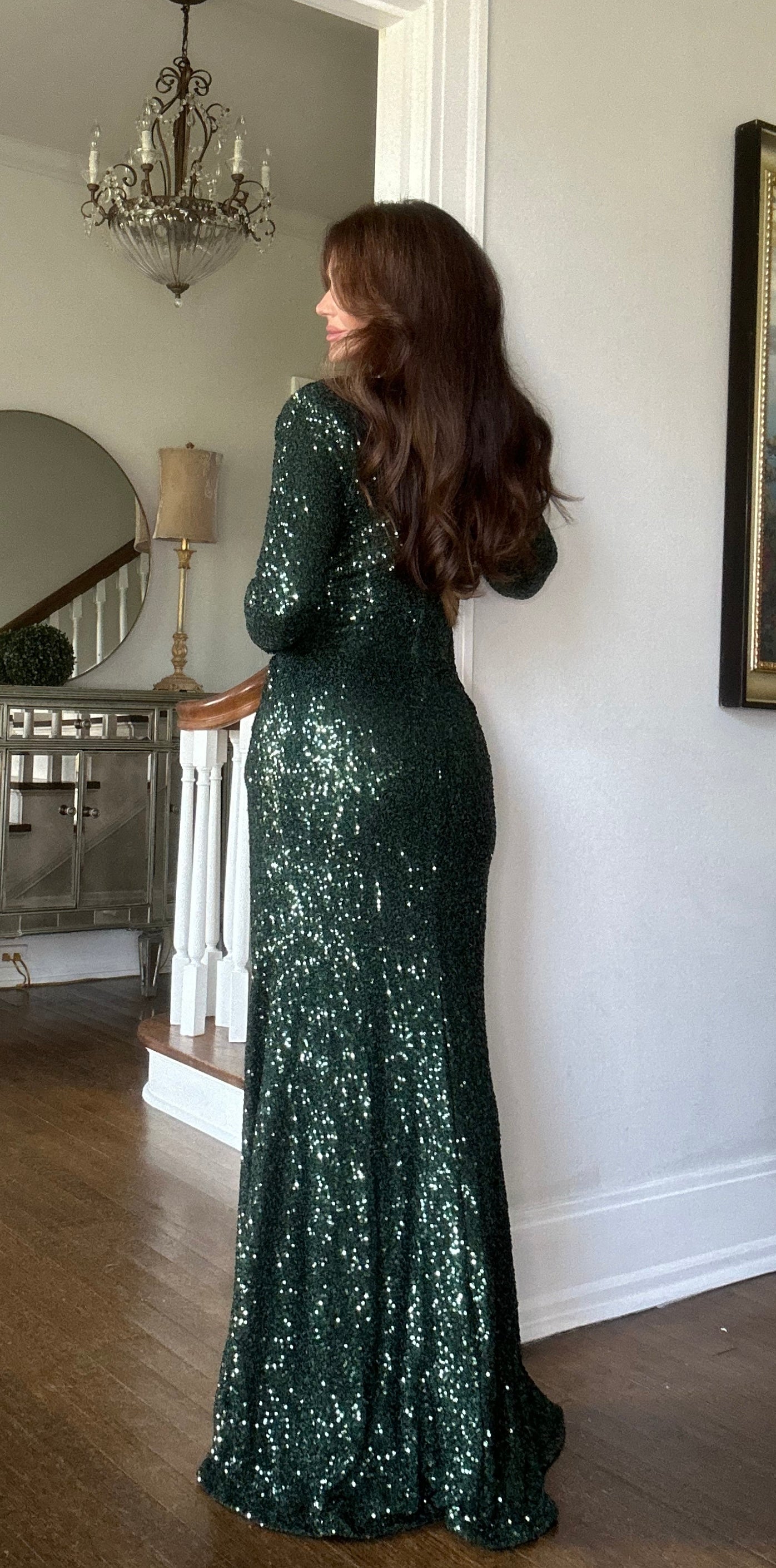 San Hunter Green Sequin Long Sleeve Deep-V Formal with Twist Front