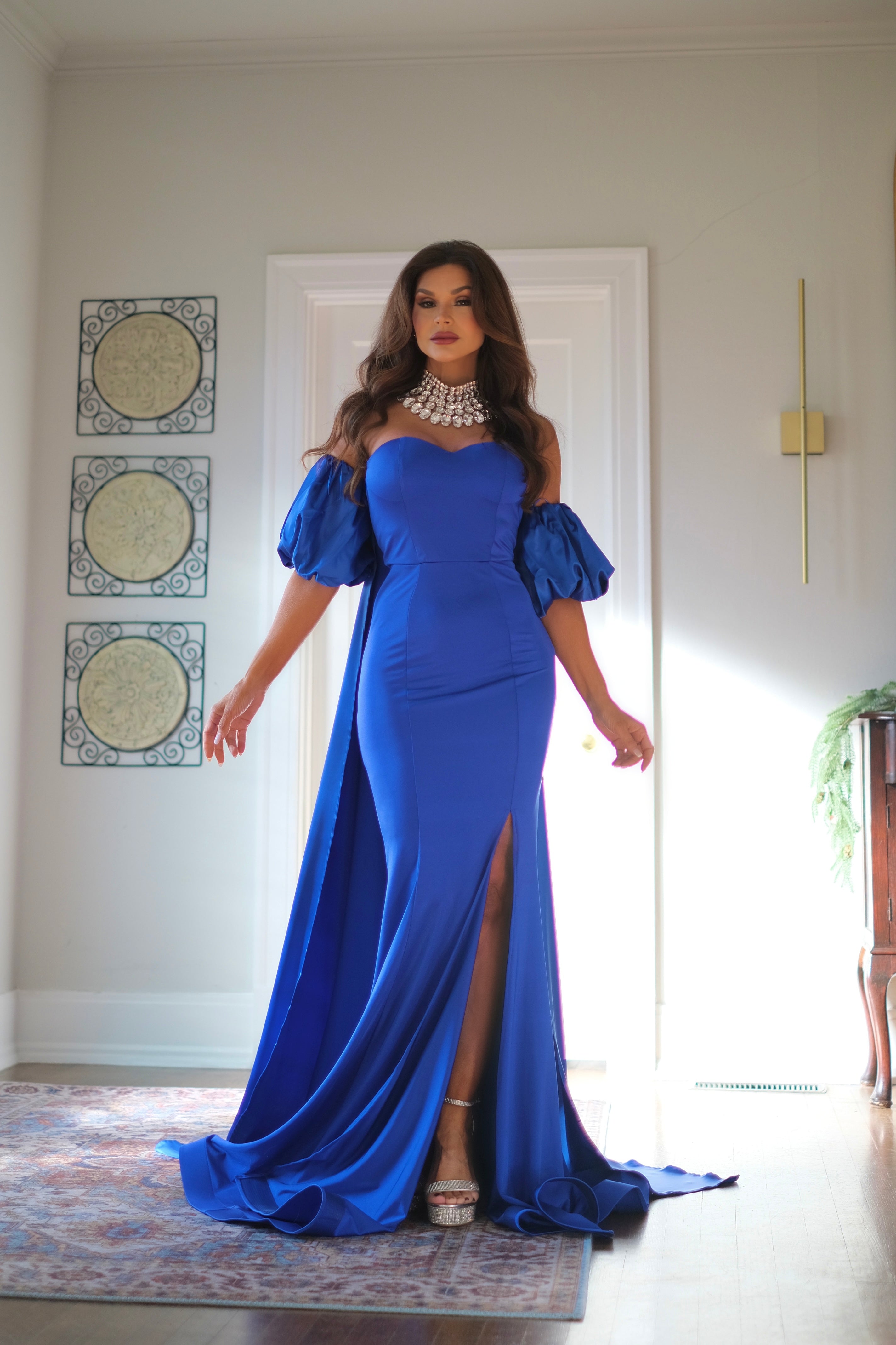 Luna royal blue strapless formal with slit and cape