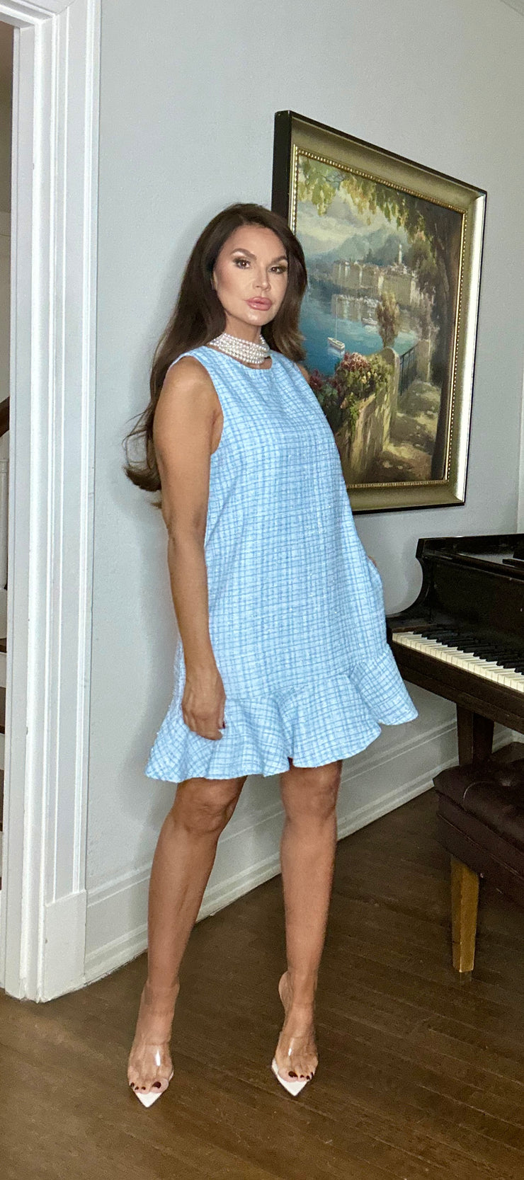 Alana blue tweed sleeveless shift dress