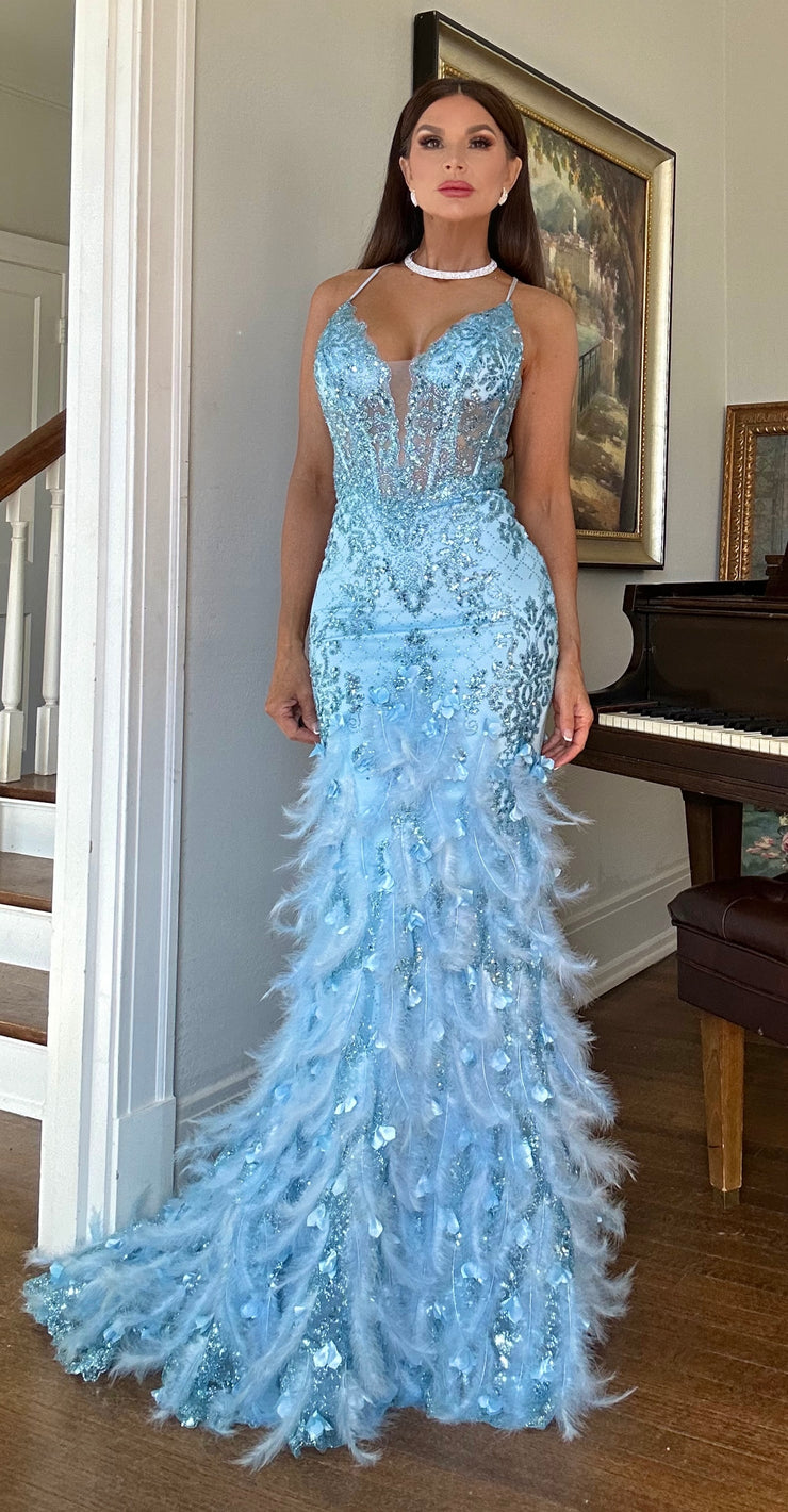 Marlo Dusty Blue mermaid gown with feather details
