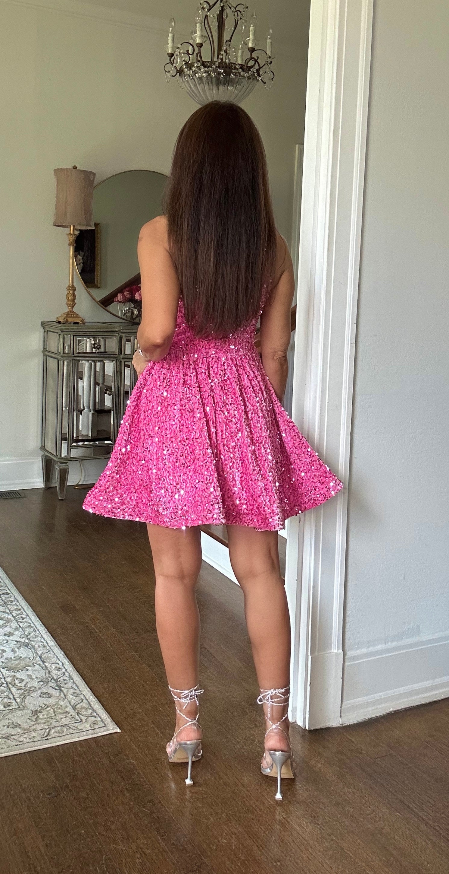 Chandler Pink Sequin One Shoulder Circle Mini Dress