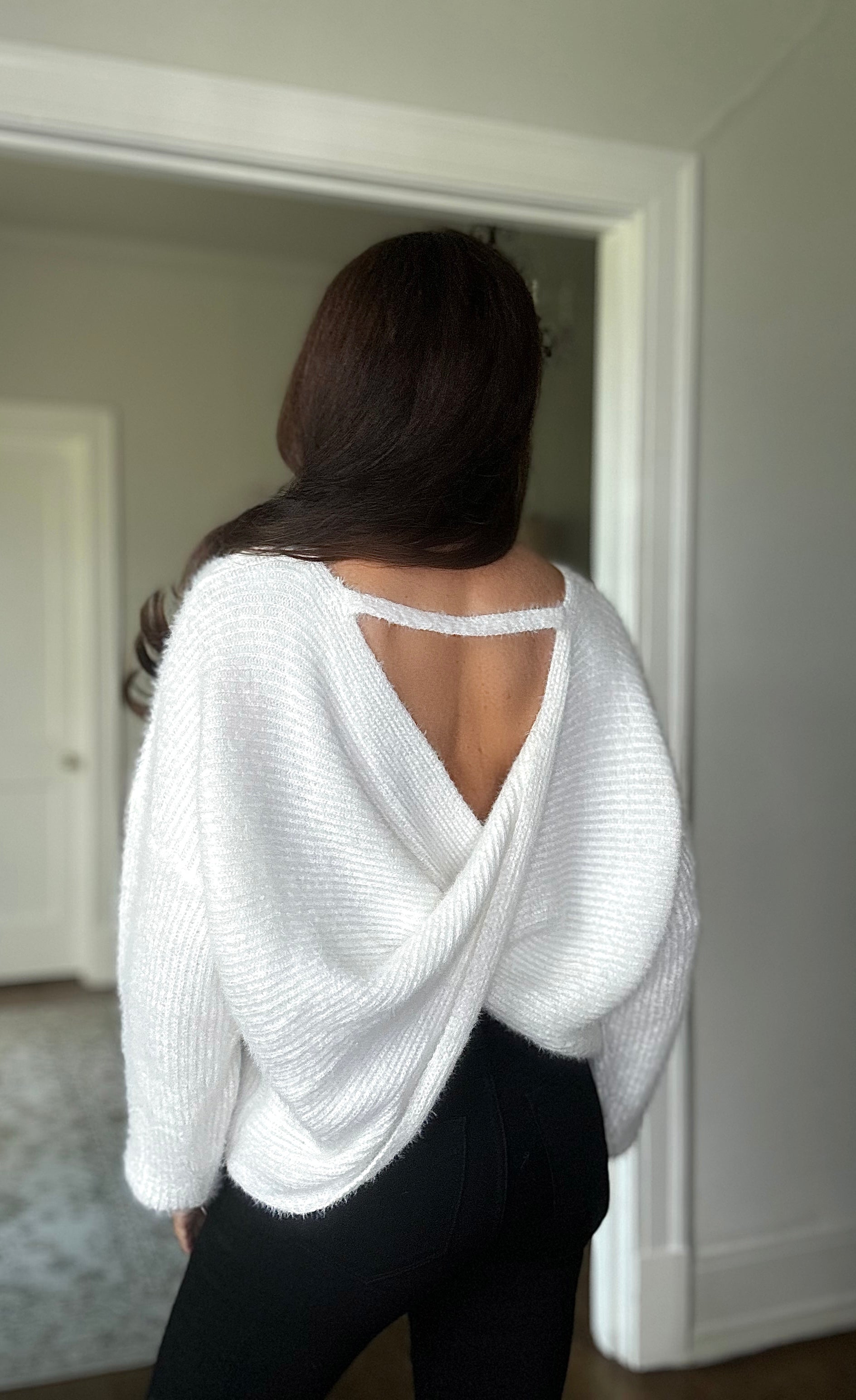 Jupiter off white fuzzy knit twist back sweater