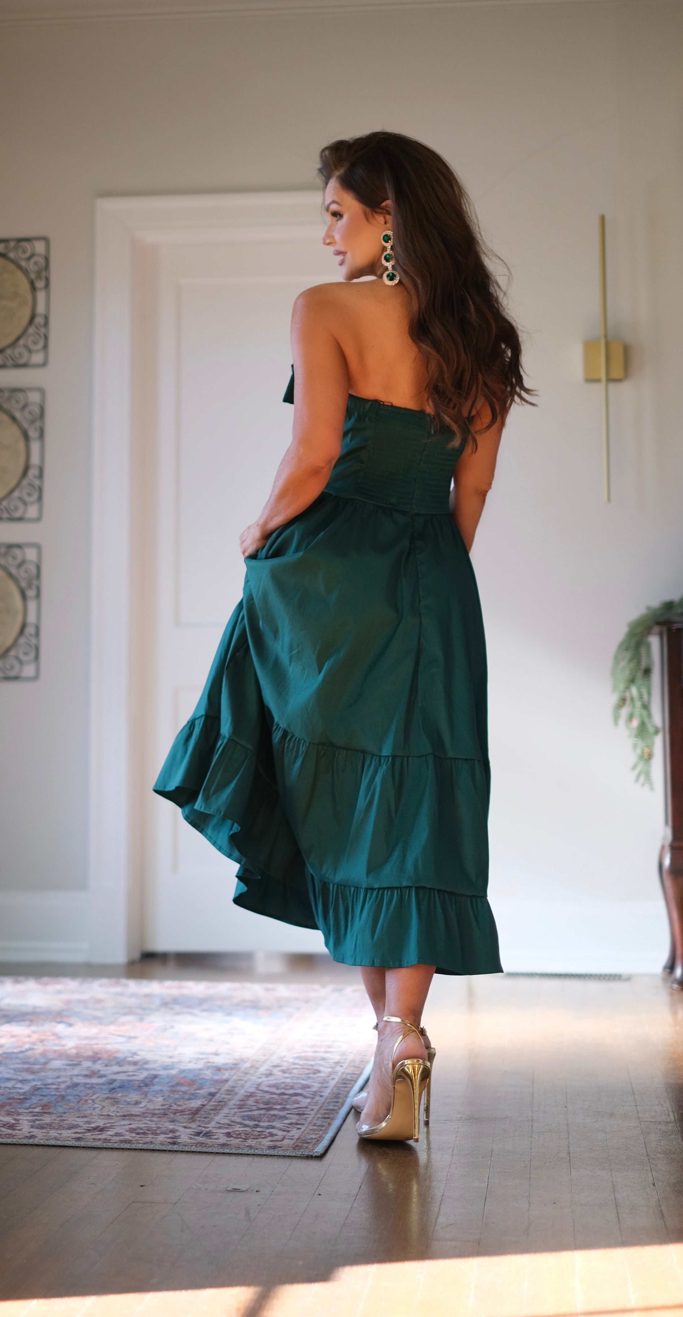 Cindy Hunter Green Strapless Midi Dress with Bow Detail