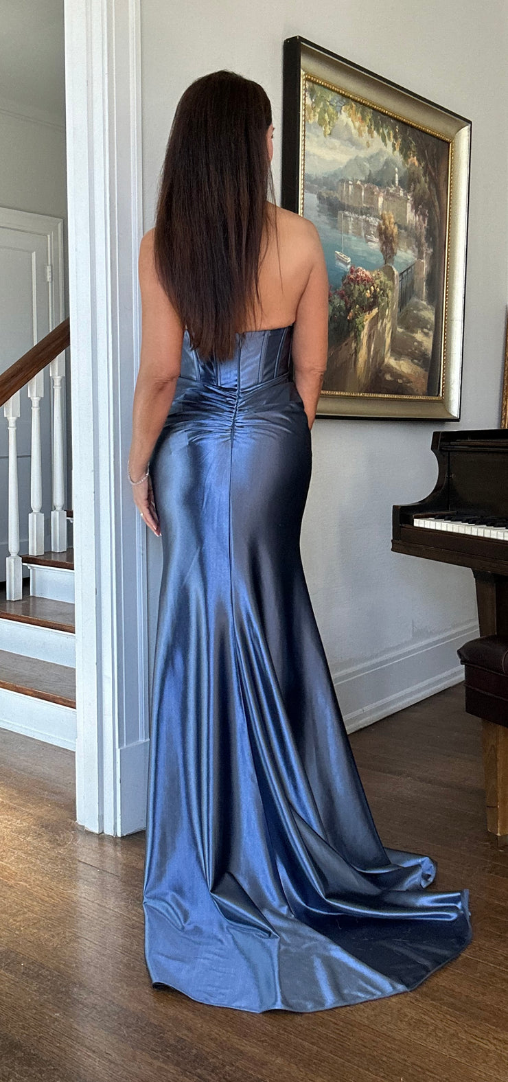 Angelina Smoke blue satin halter corset gown with slit