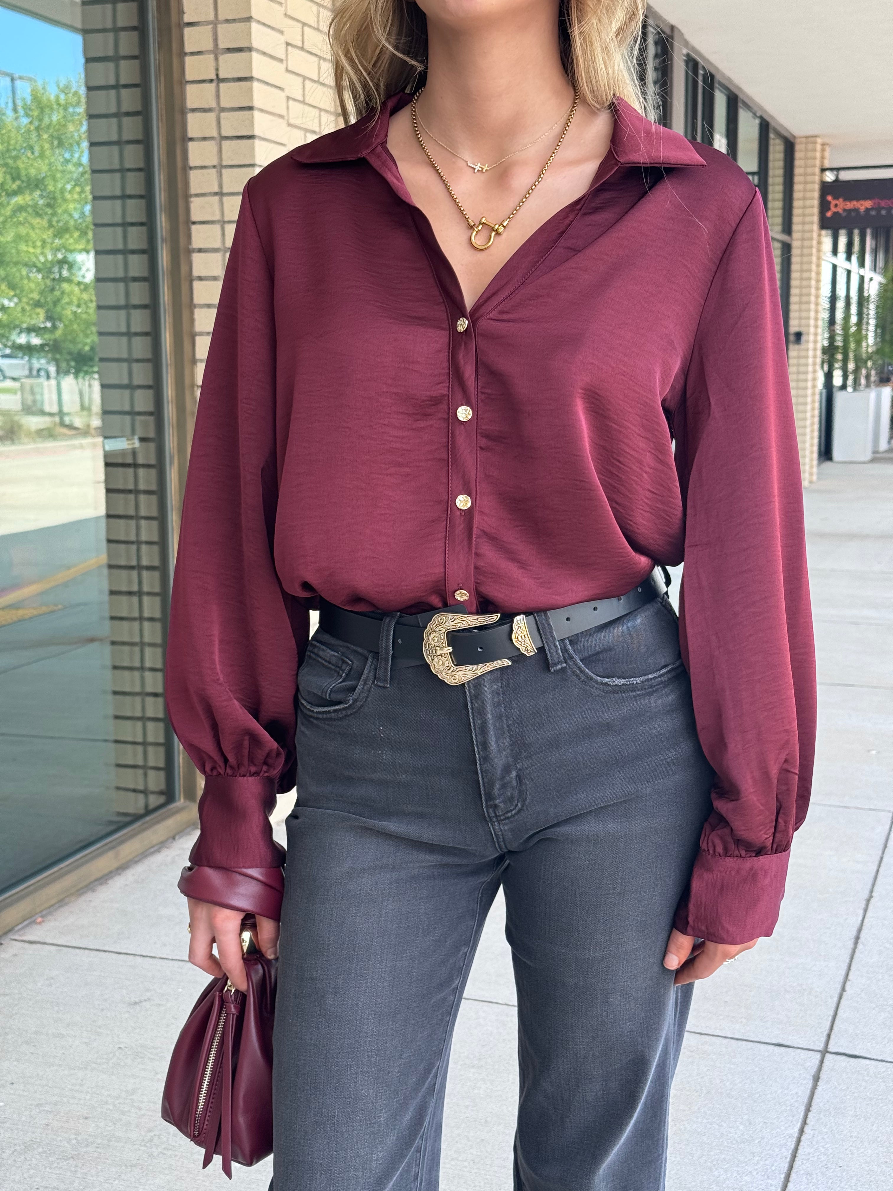 Valentina Burgundy V Neck Collar Button Down with Gold Buttons