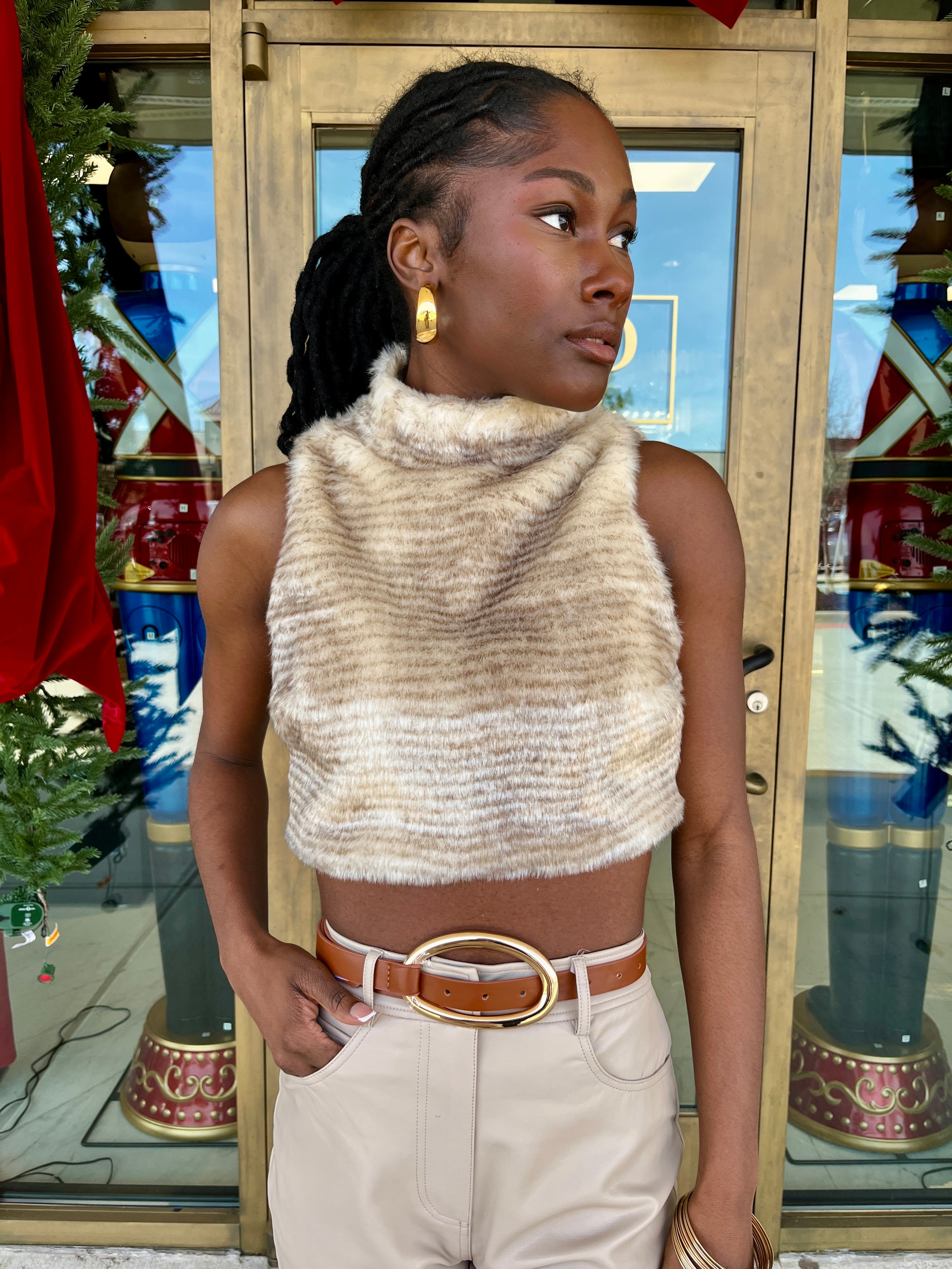 Silva beige faux fur high neck crop top