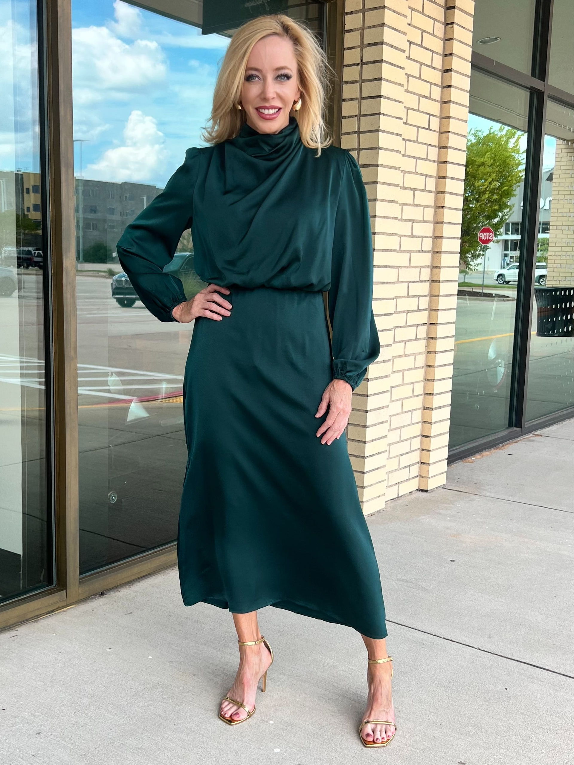 Andrea green ruched high neck satin long sleeve midi dress