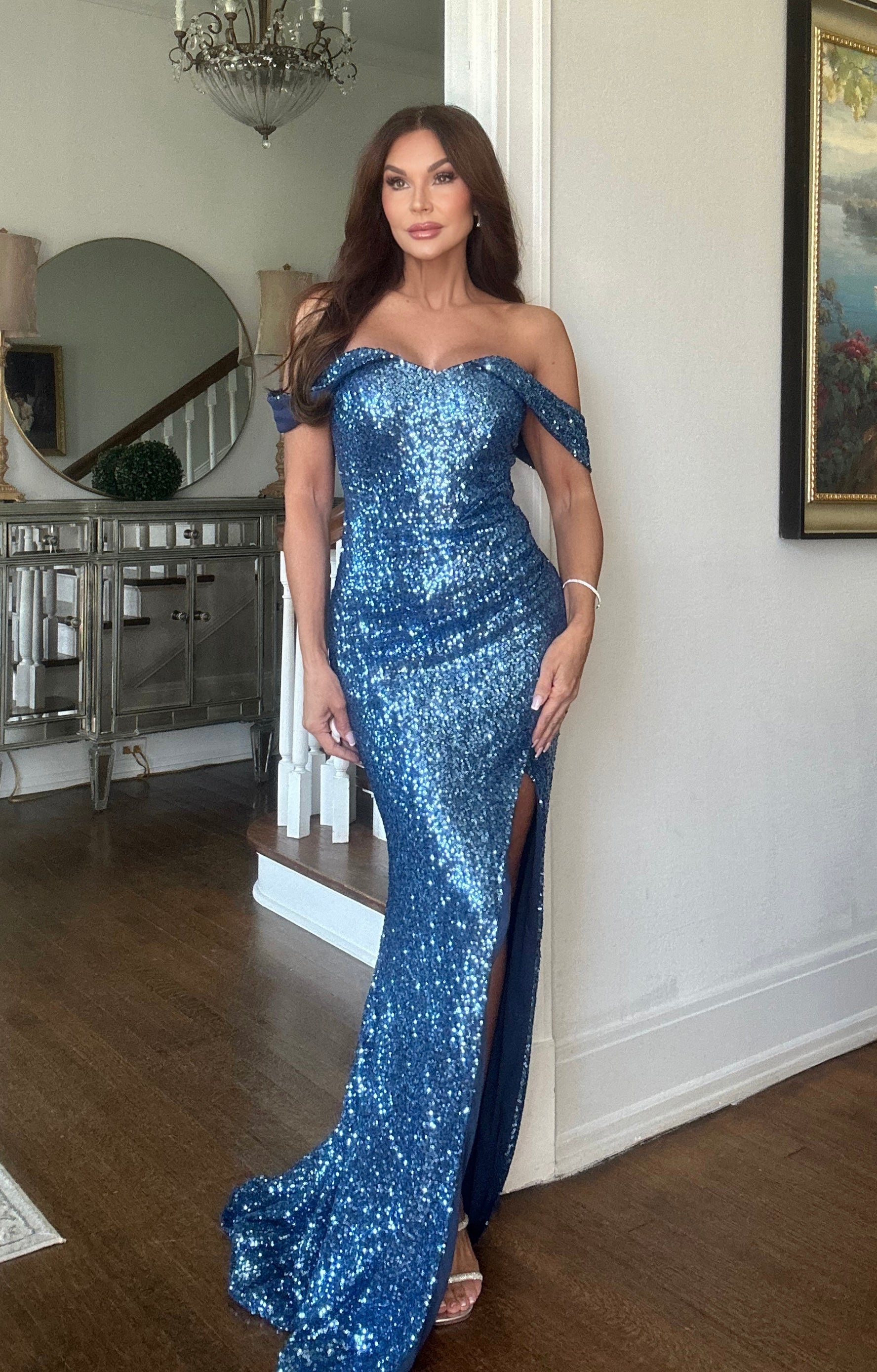 Latoya Slate Blue Sequin Off the Shoulder Ruched Formal with Slit