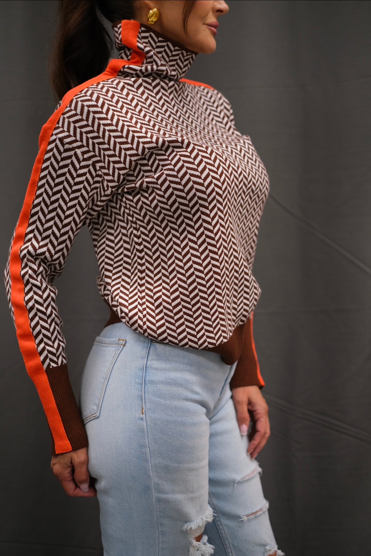 Chevvy Brown Chevron Knit Sweater with Orange Stripe