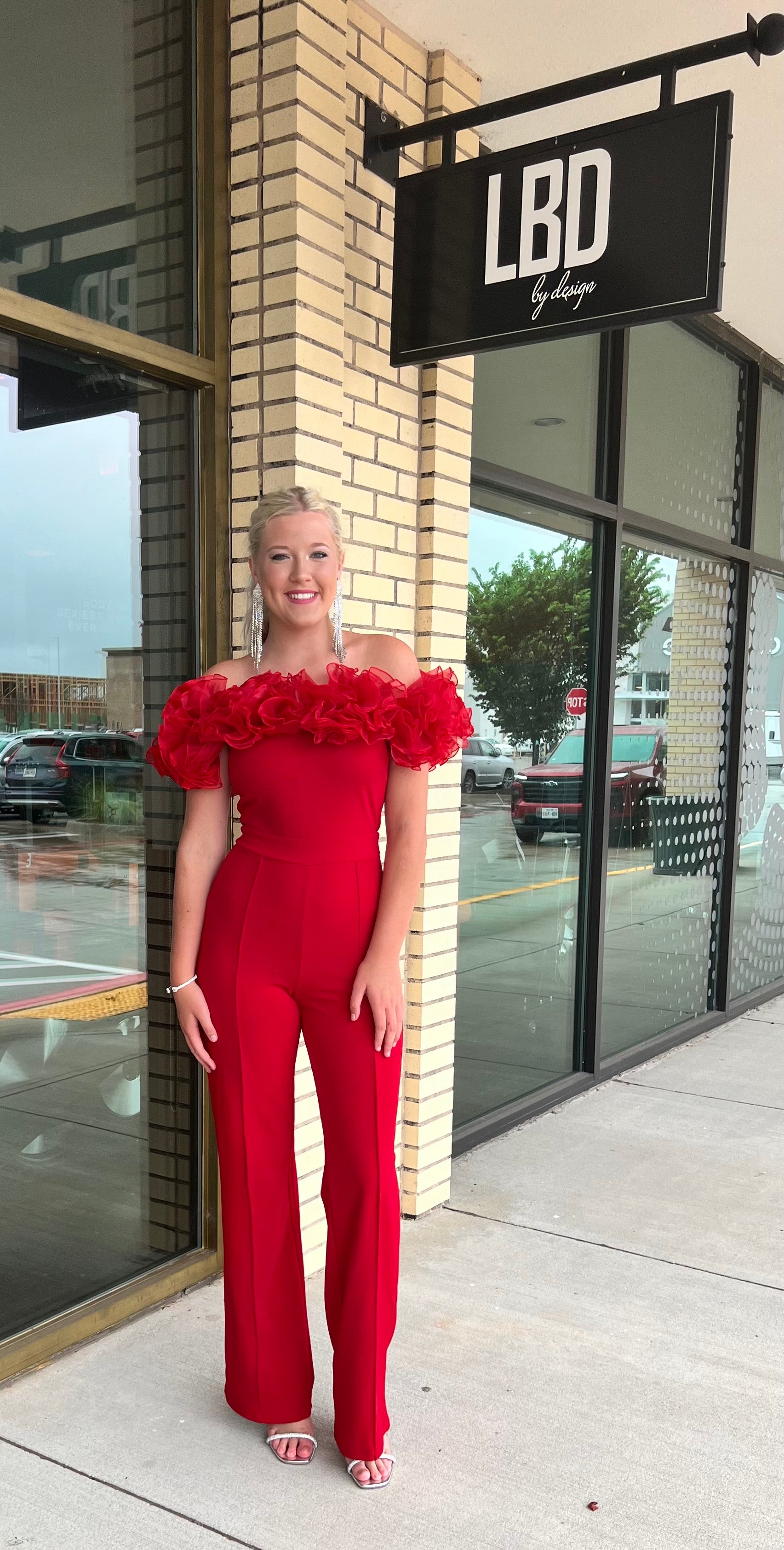 Rhodes red carnation detail off shoulder jumpsuit