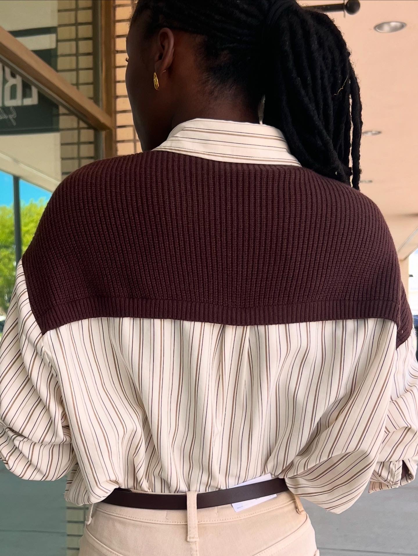 Caroline Cream Stripe Shirt With Front Tie Cardigan