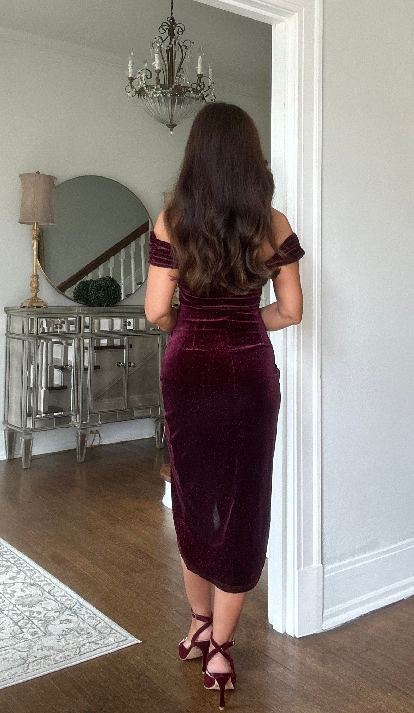 Jessica burgundy velvet glitter off shoulder midi dress