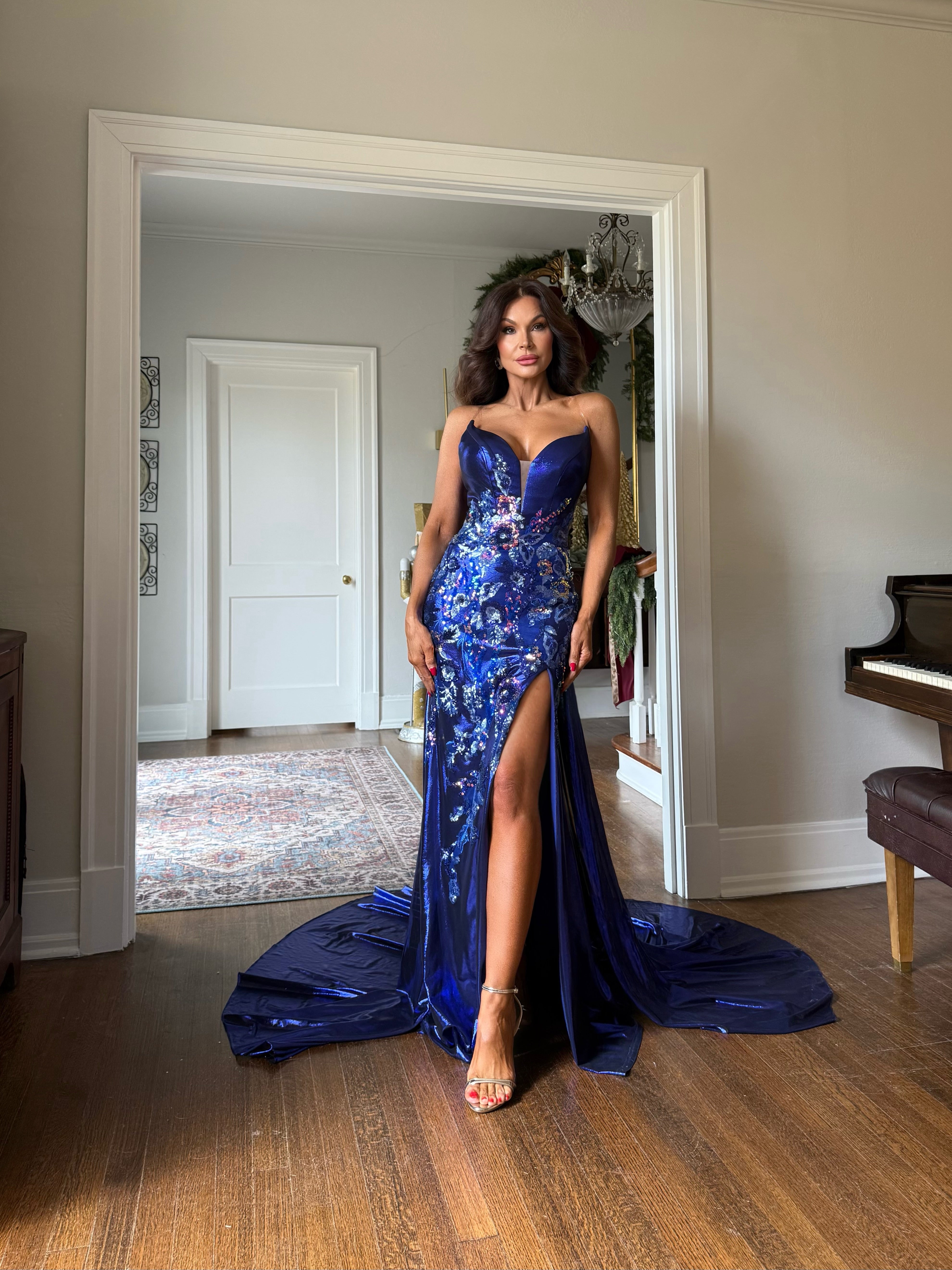 Jasmine royal blue floral sequin formal