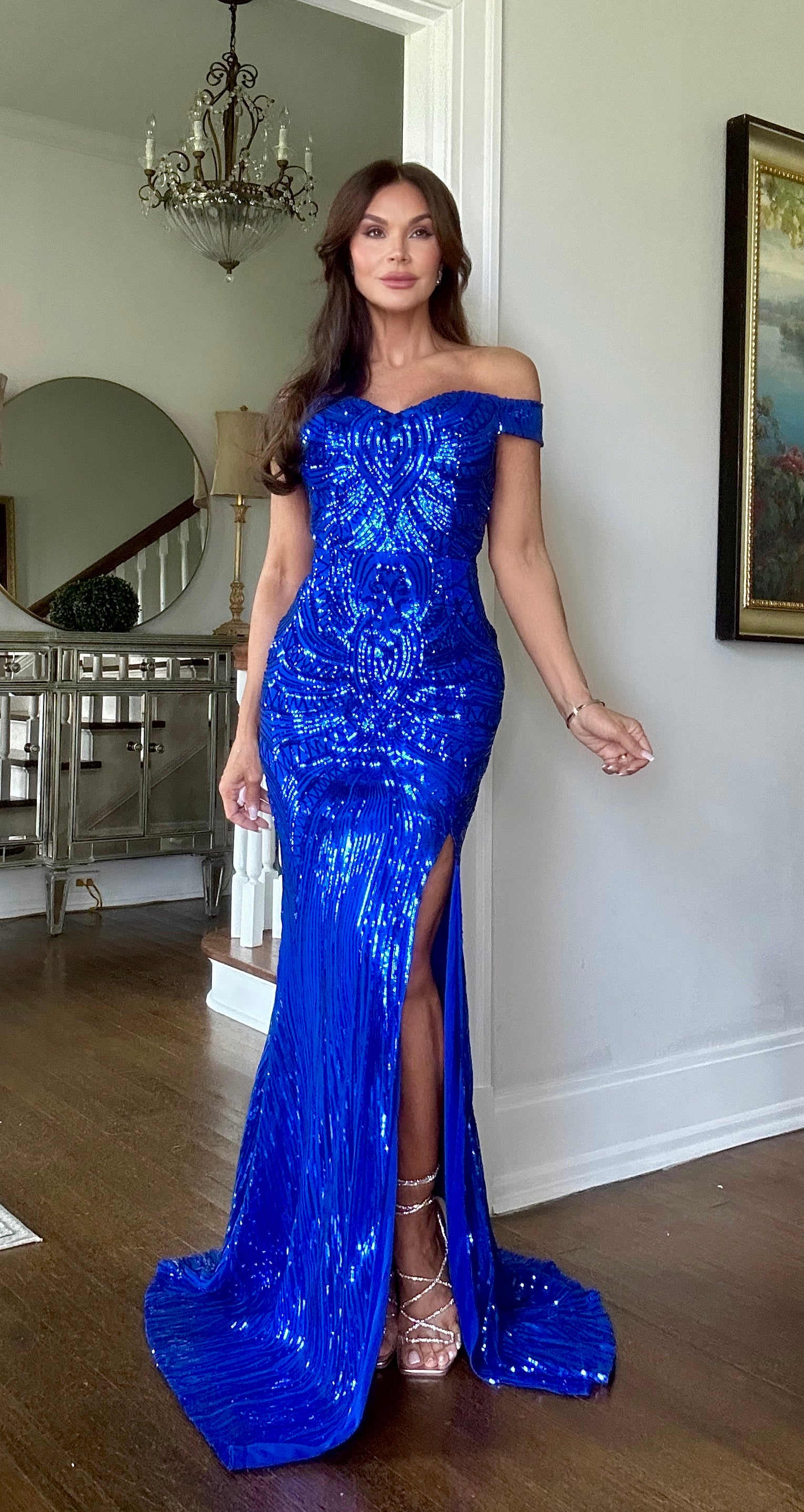 Skylar Royal Blue Sequin Off the shoulder Formal with Side Slit