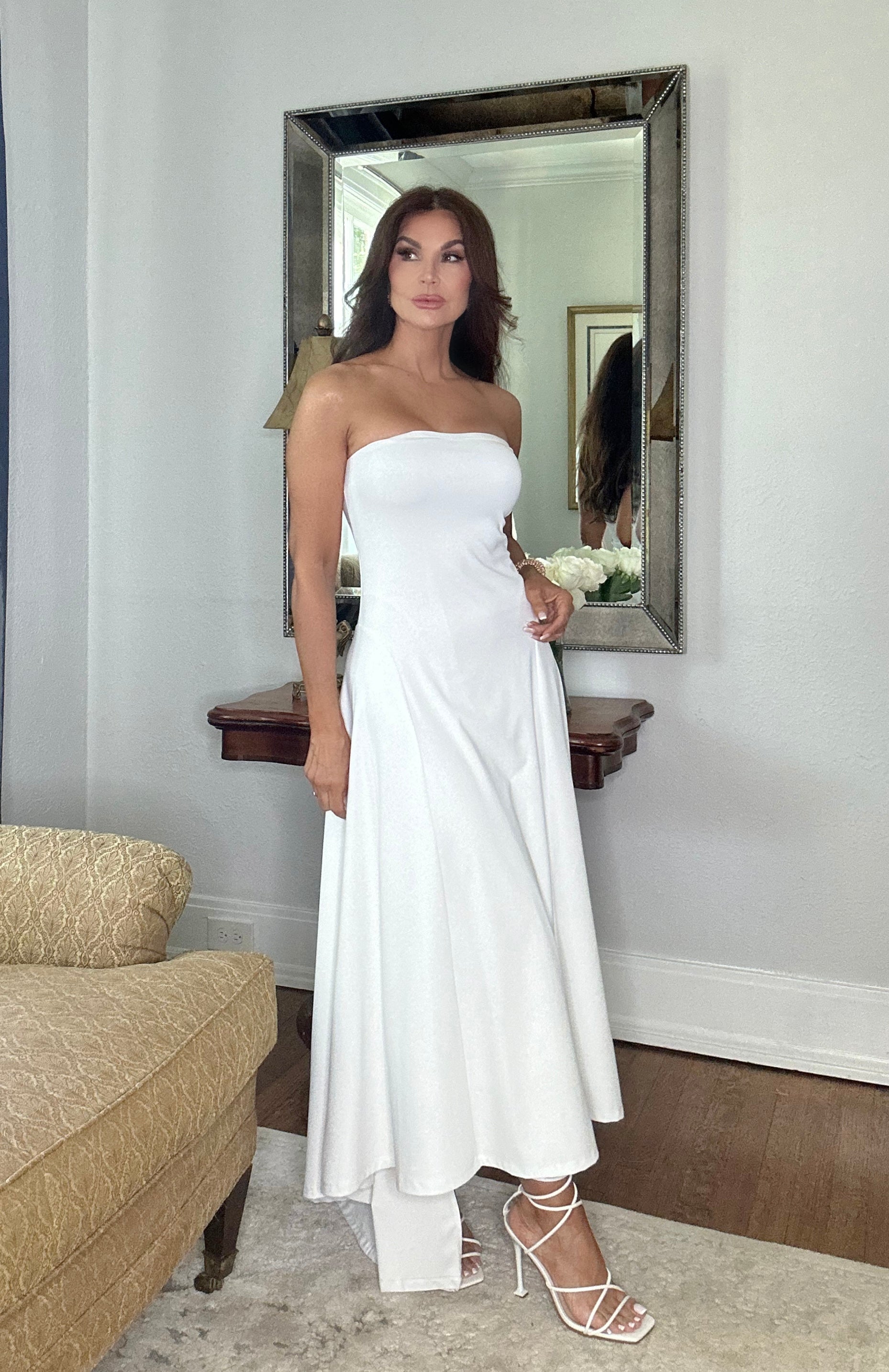 Cindy white strapless fit and flare maxi with asymmetrical hem