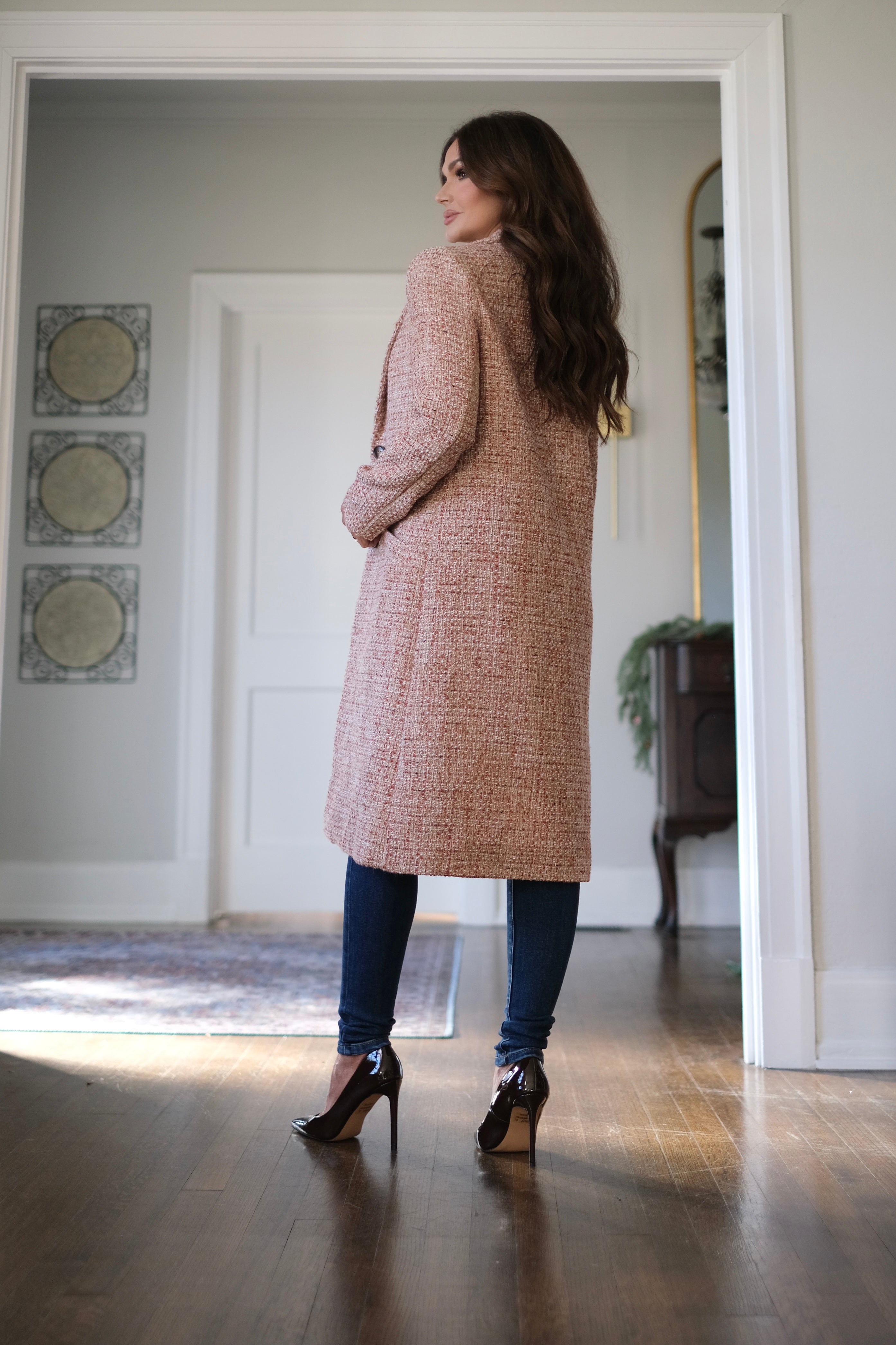 Monica rust tweed coat with pockets