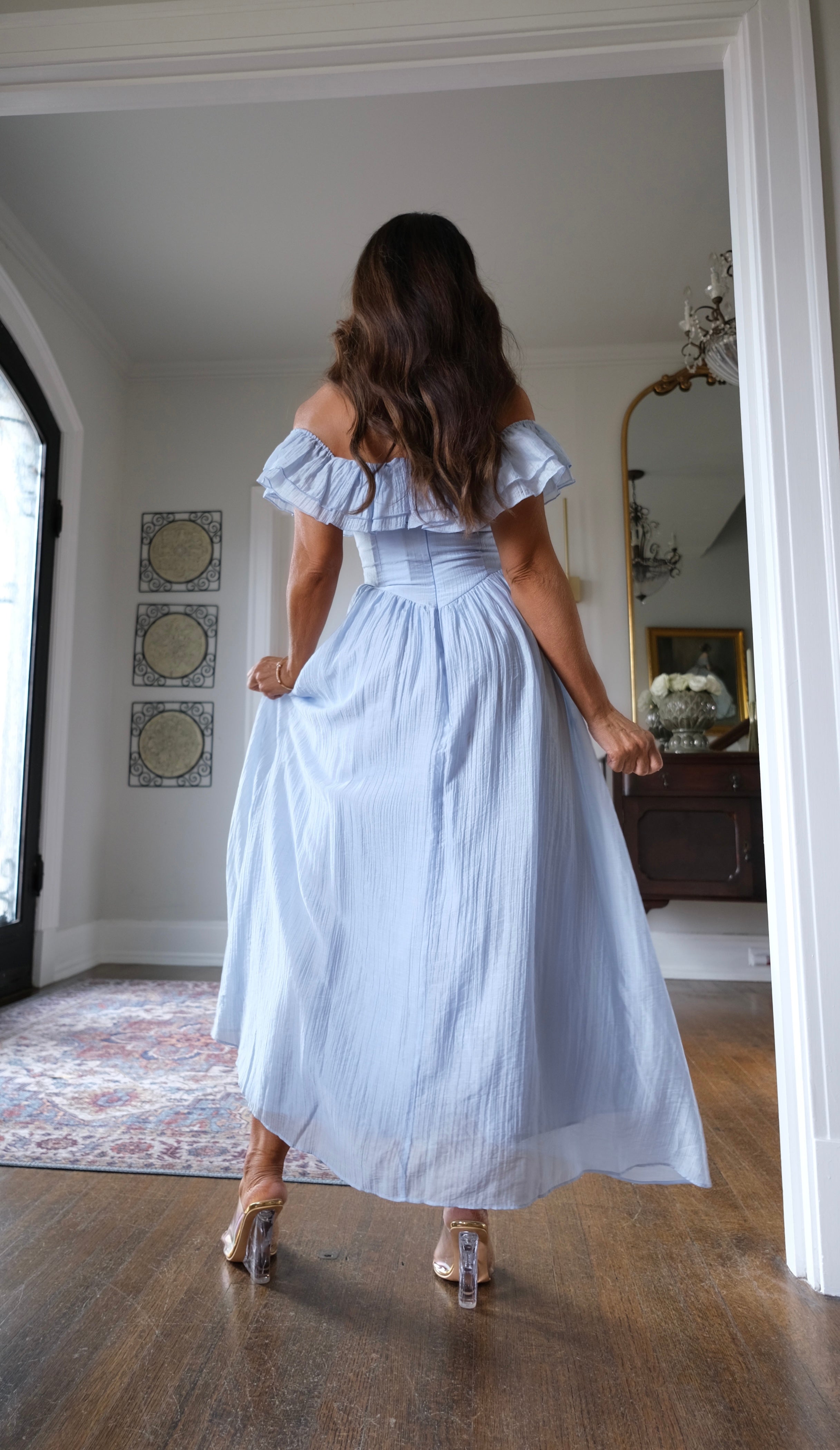 Alexis light blue textured flowy off the shoulder midi dress