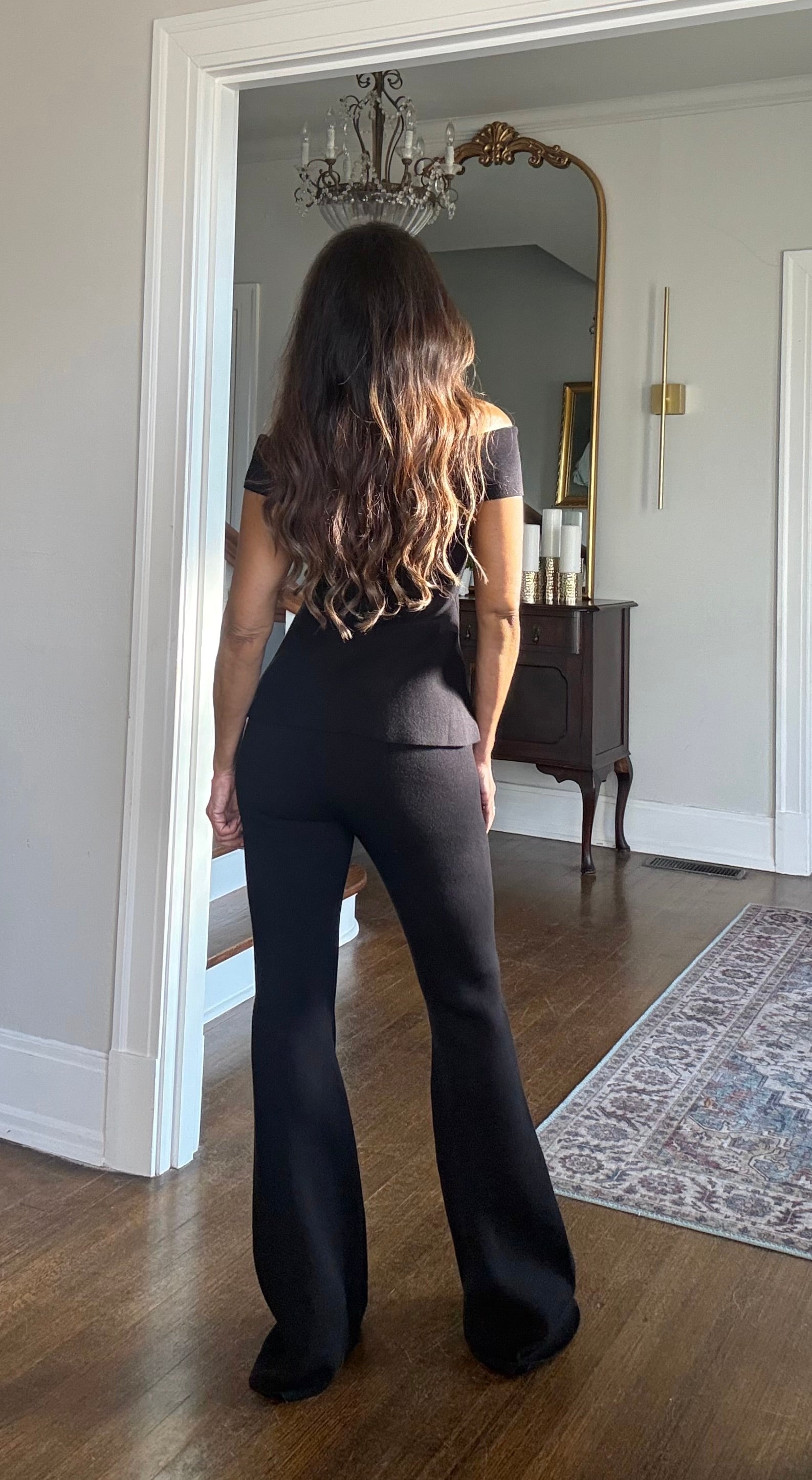 Ebony Black High Rise Knit Flare Pant with Center Seam