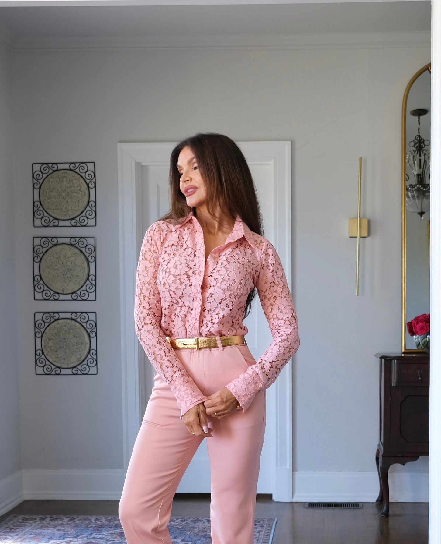 Andi blush floral cut out button up