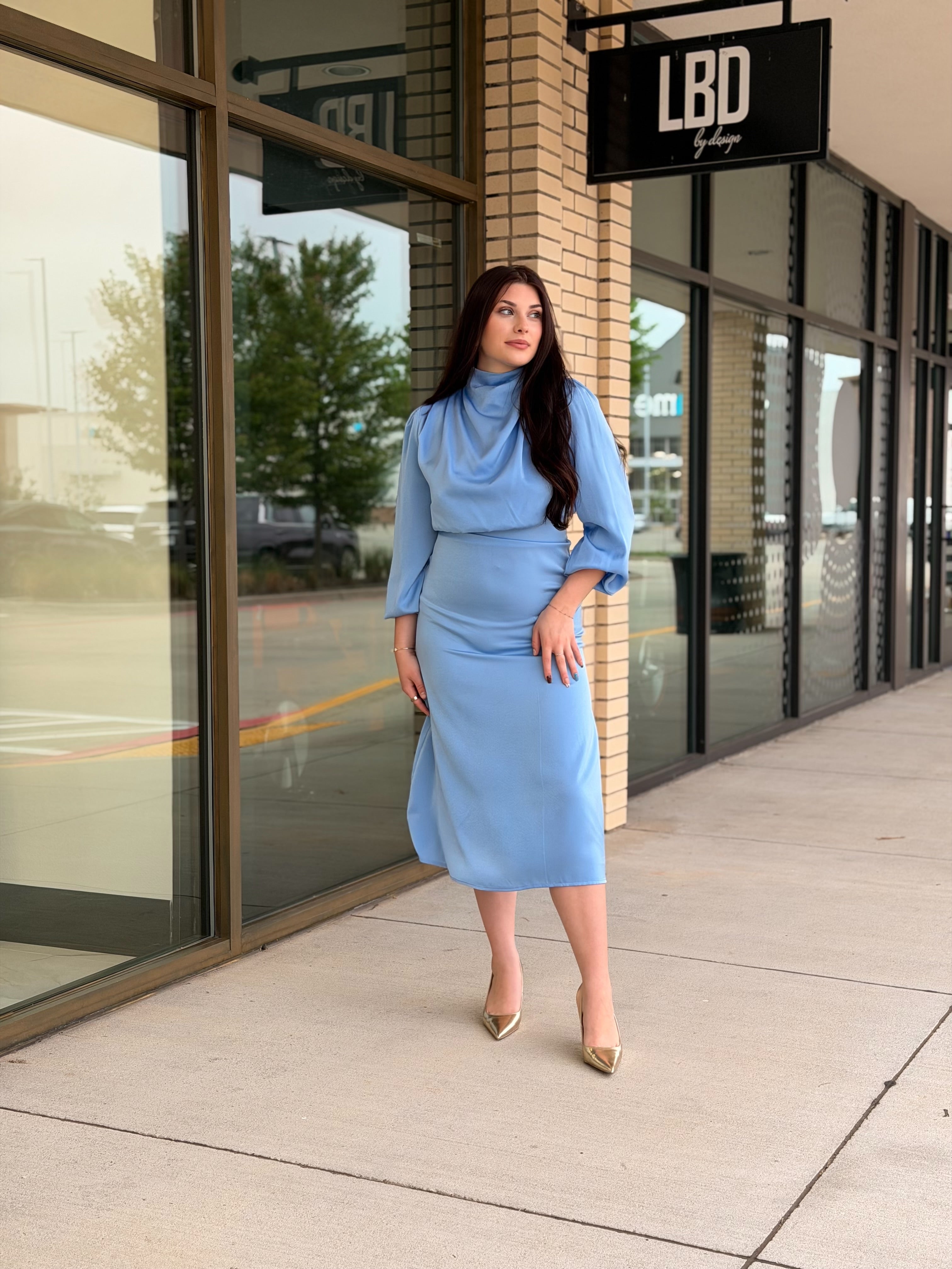 Penny Blue Long Sleeve Satin Maxi Dress