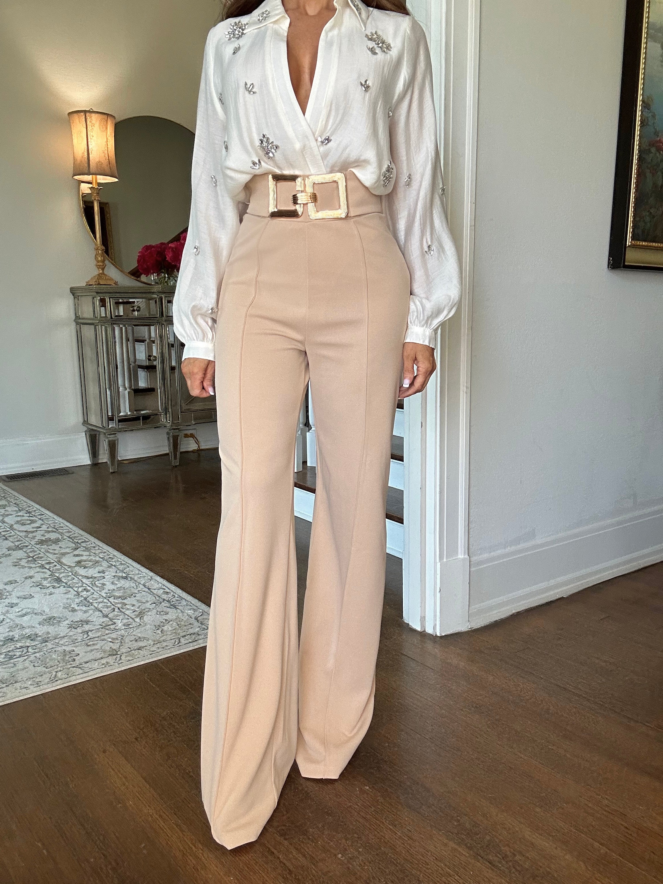 Cullen khaki trouser with bronze oversized belt