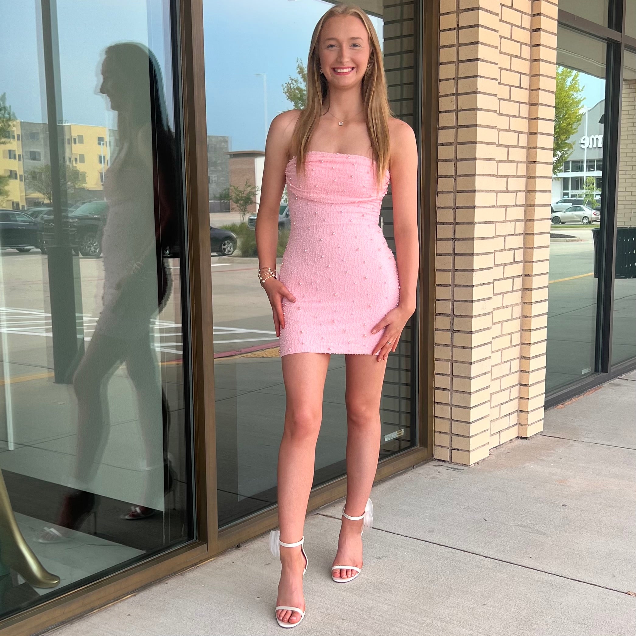 Macy Pink Pearl Stud Strapless Mini Dress