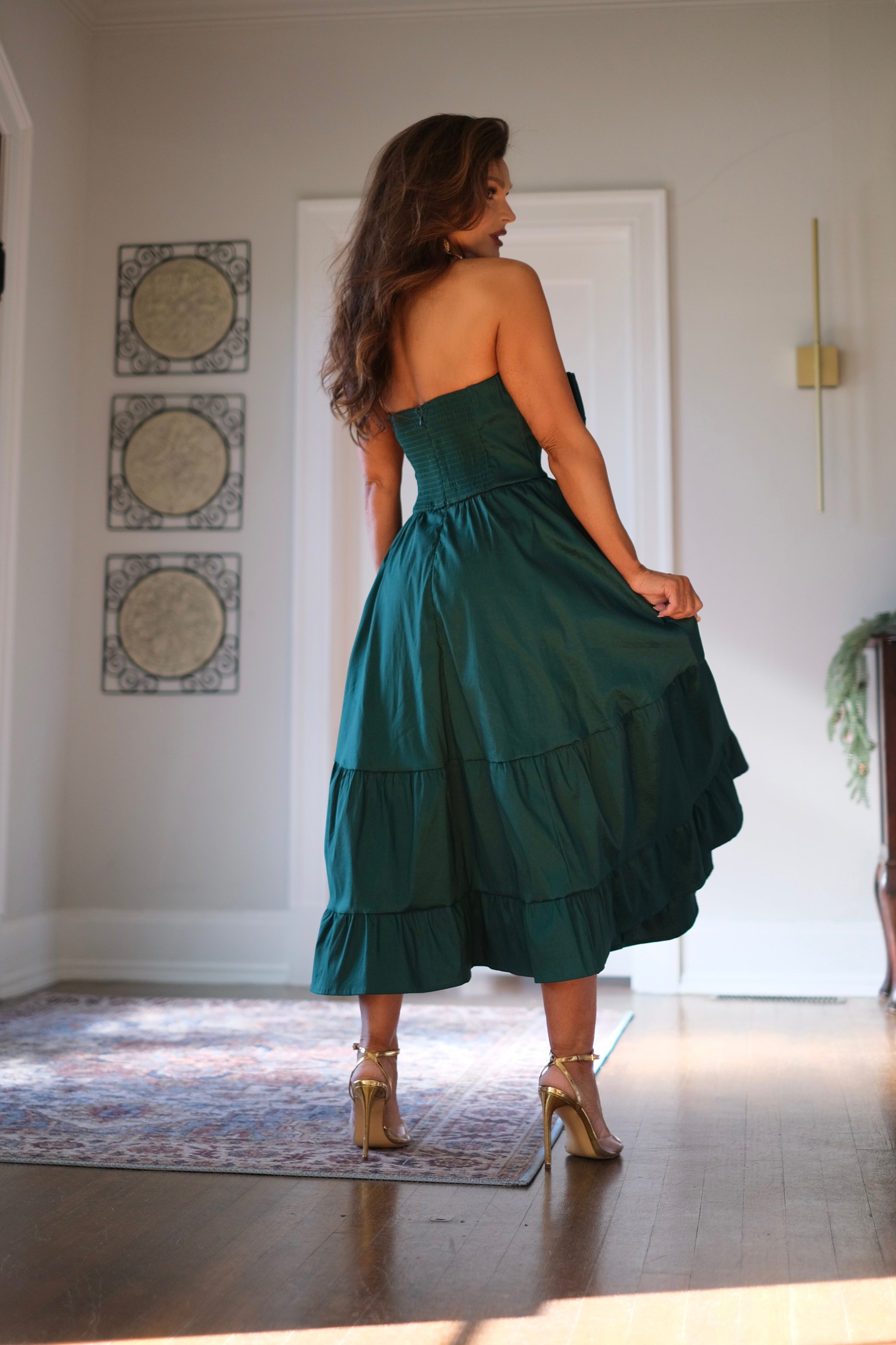 Cindy Hunter Green Strapless Midi Dress with Bow Detail