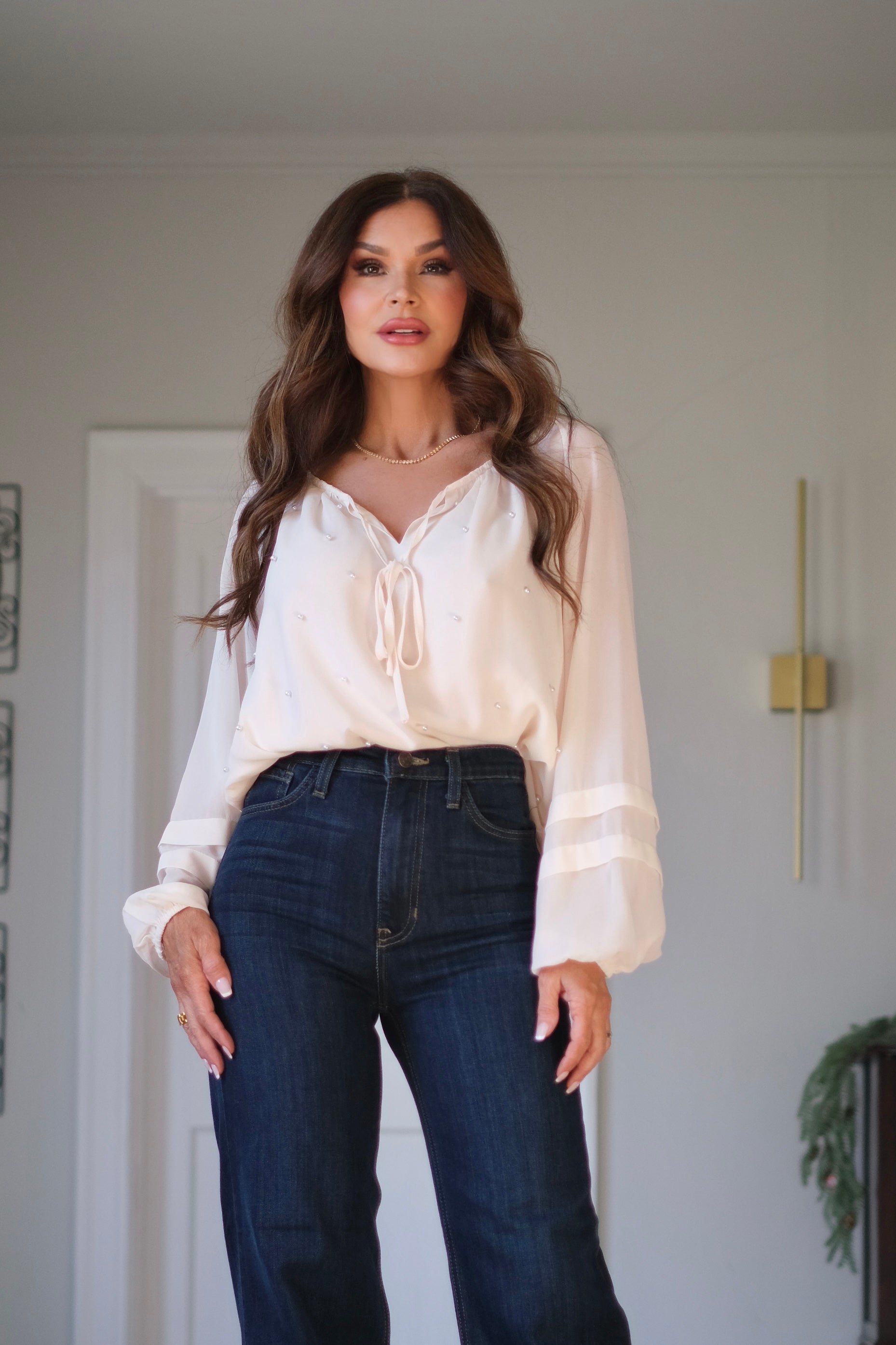 Paige Cream Puff Long Sleeve Blouse with Pearl Details