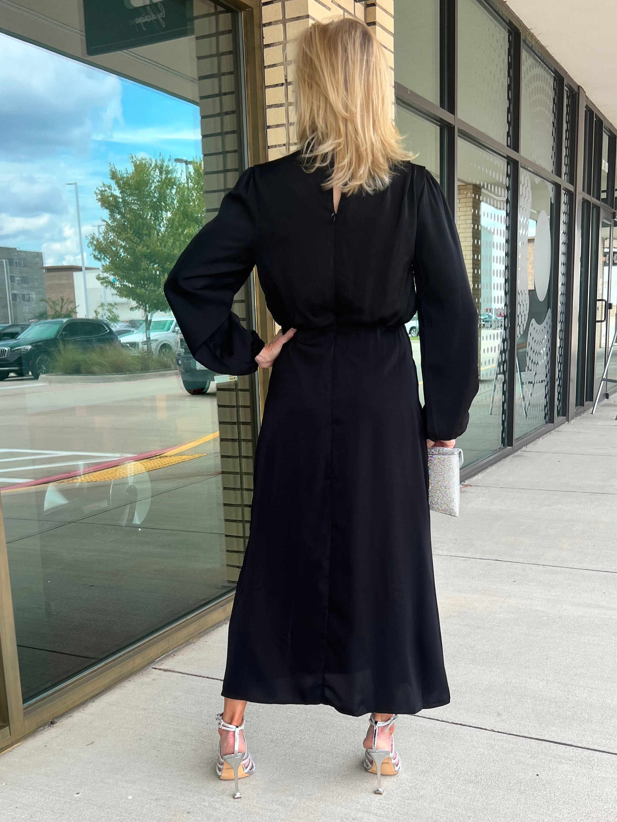 Andrea black ruched high neck satin long sleeve midi dress