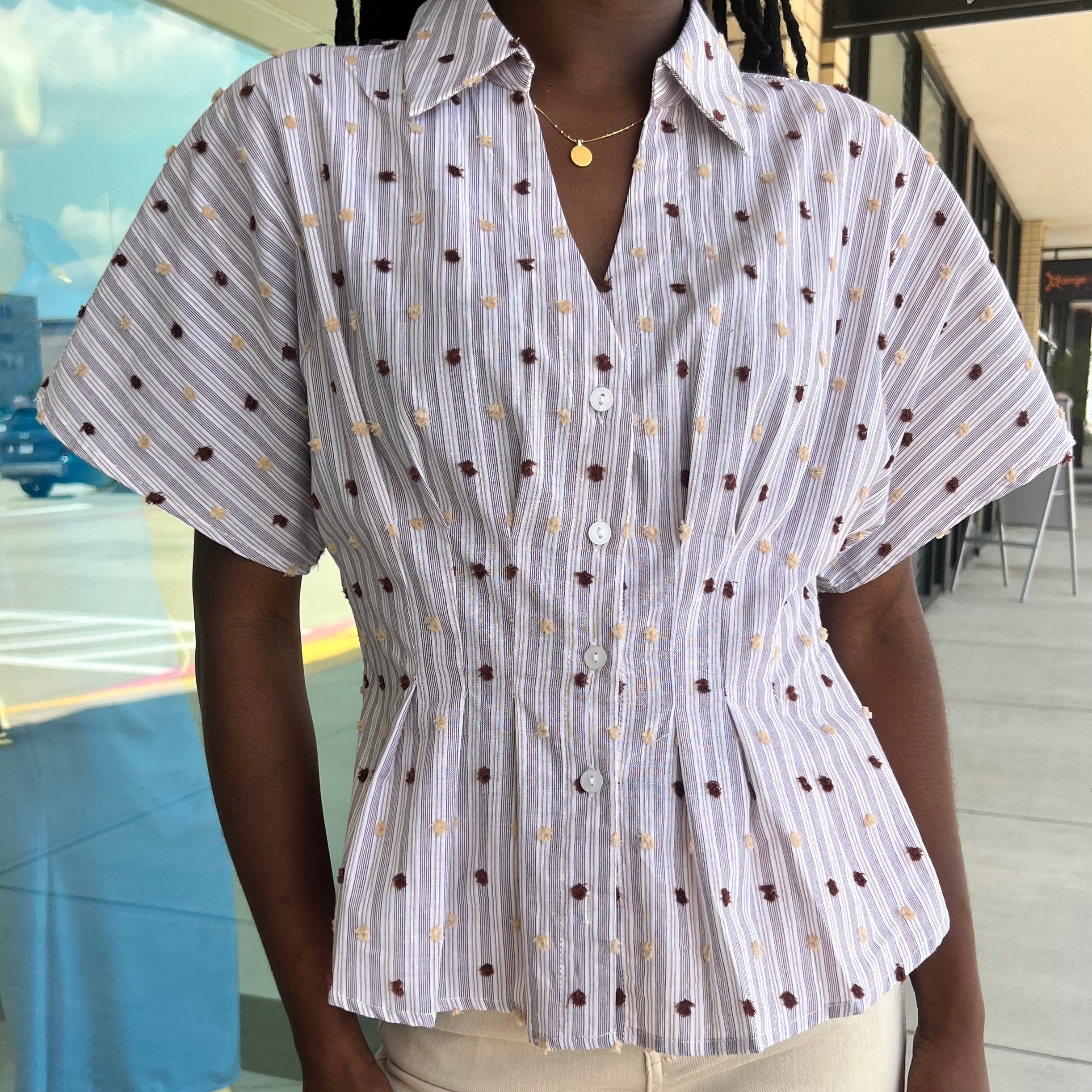 Seva Brown Print Cap Sleeve Button Up Top