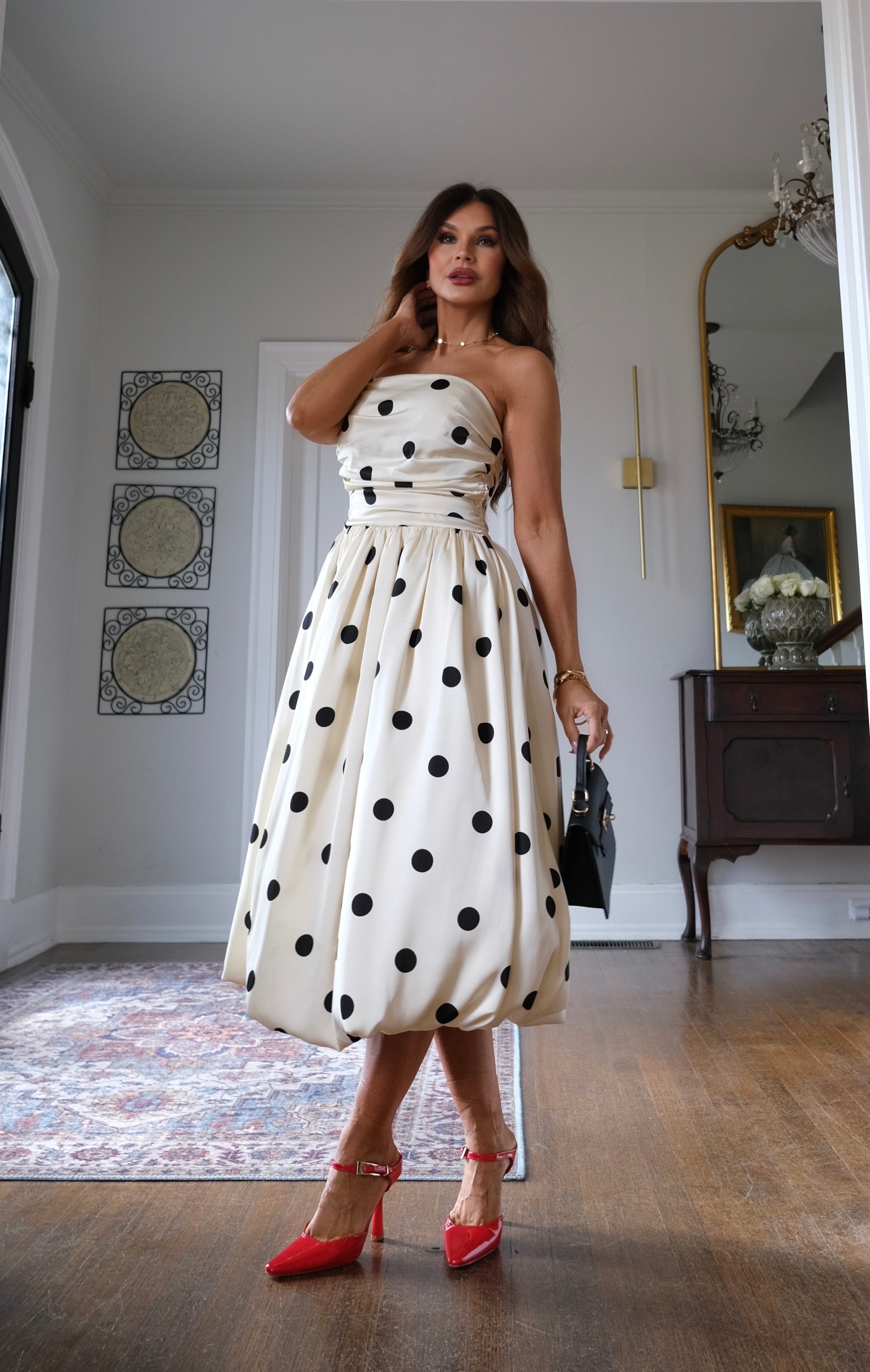 Katia black and white polka dot strapless bubble dress