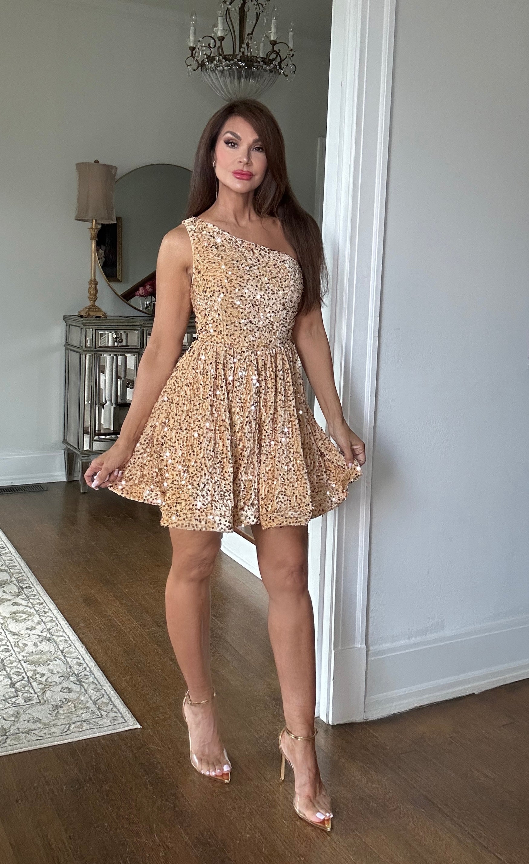 Chandler Gold Sequin One Shoulder Circle Mini Dress