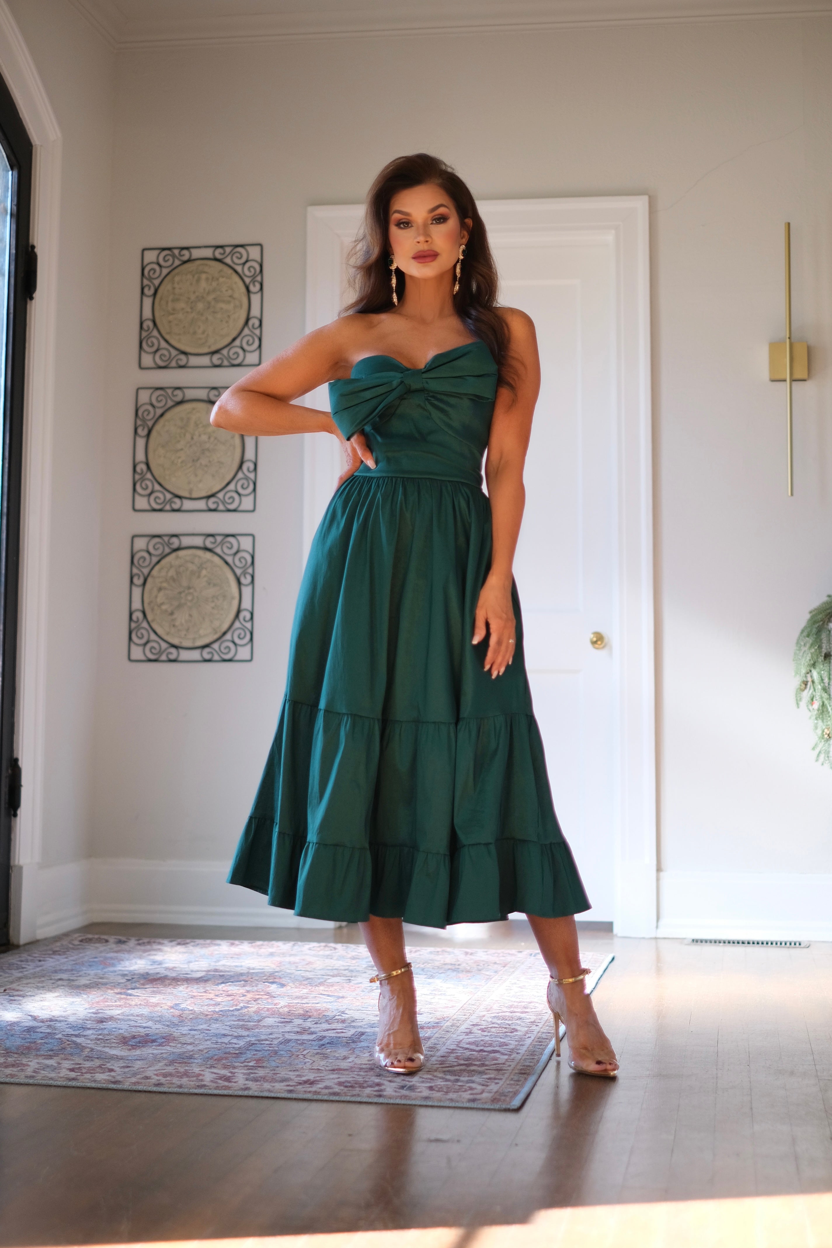 Cindy Hunter Green Strapless Midi Dress with Bow Detail