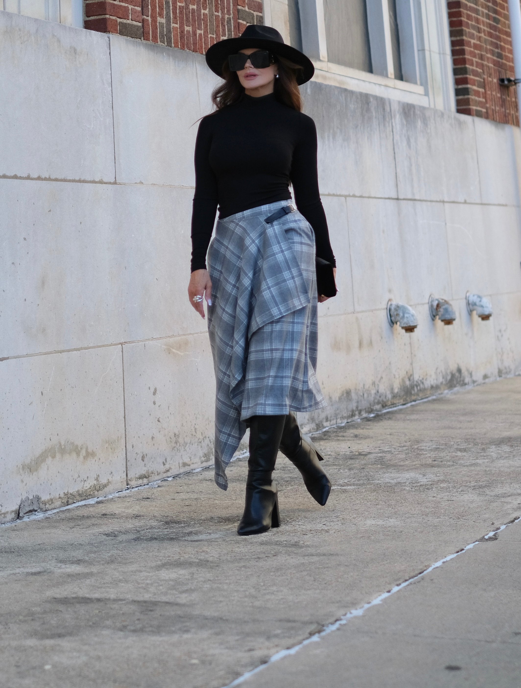 Sophie Grey Long Plaid Wrap Skirt with Buckle Detail