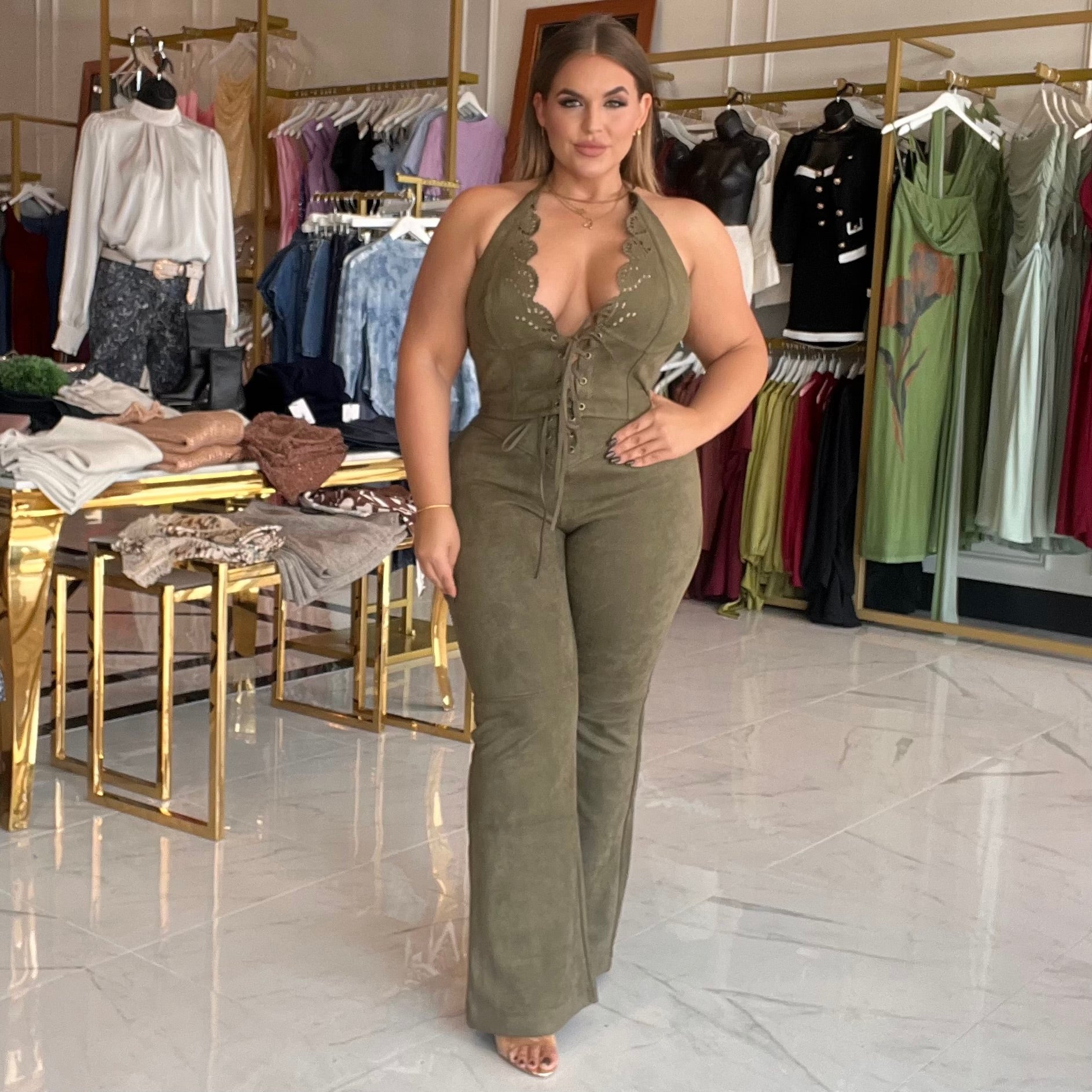 Isla Dark Olive Suede Front Lace Up Pants