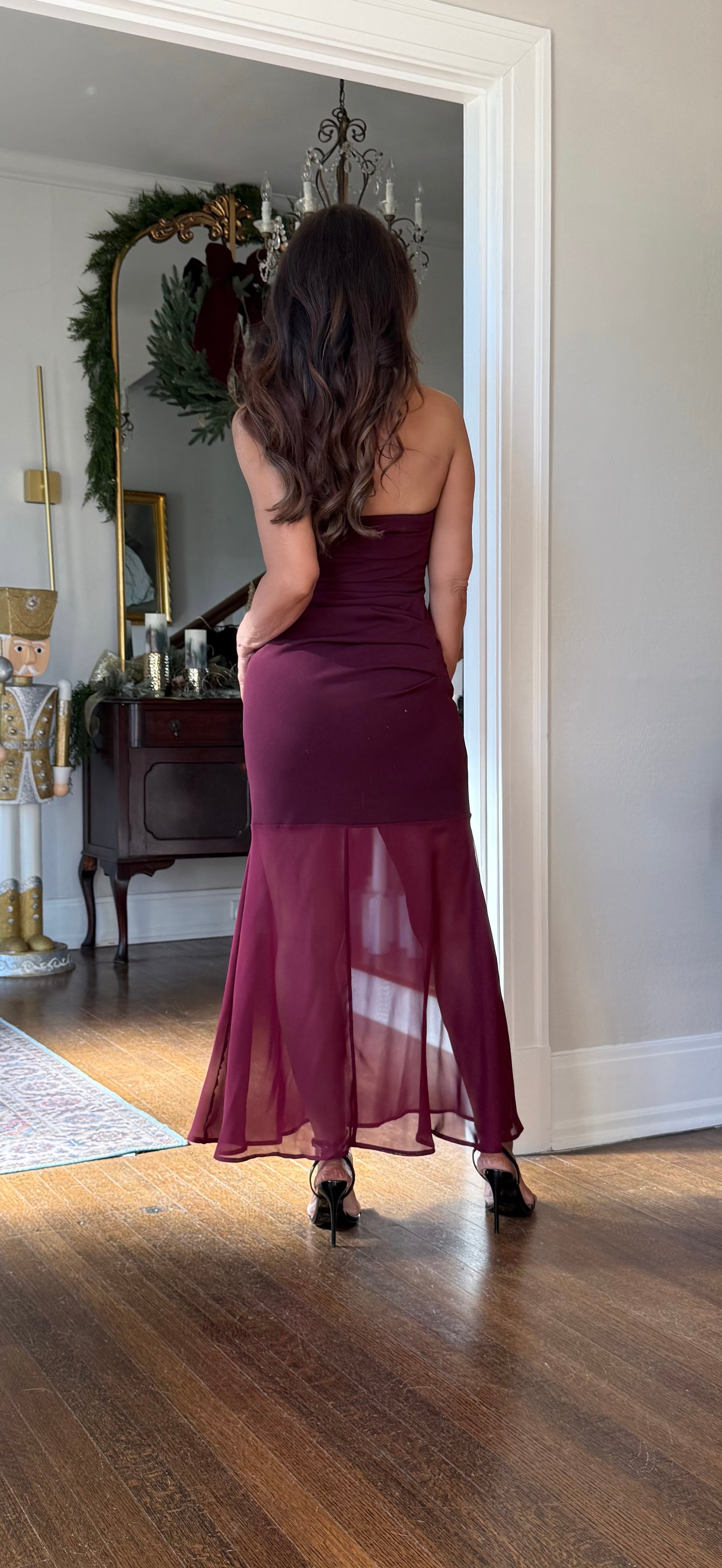 Cora Burgundy Strapless Midi Dress With Shear Bottom