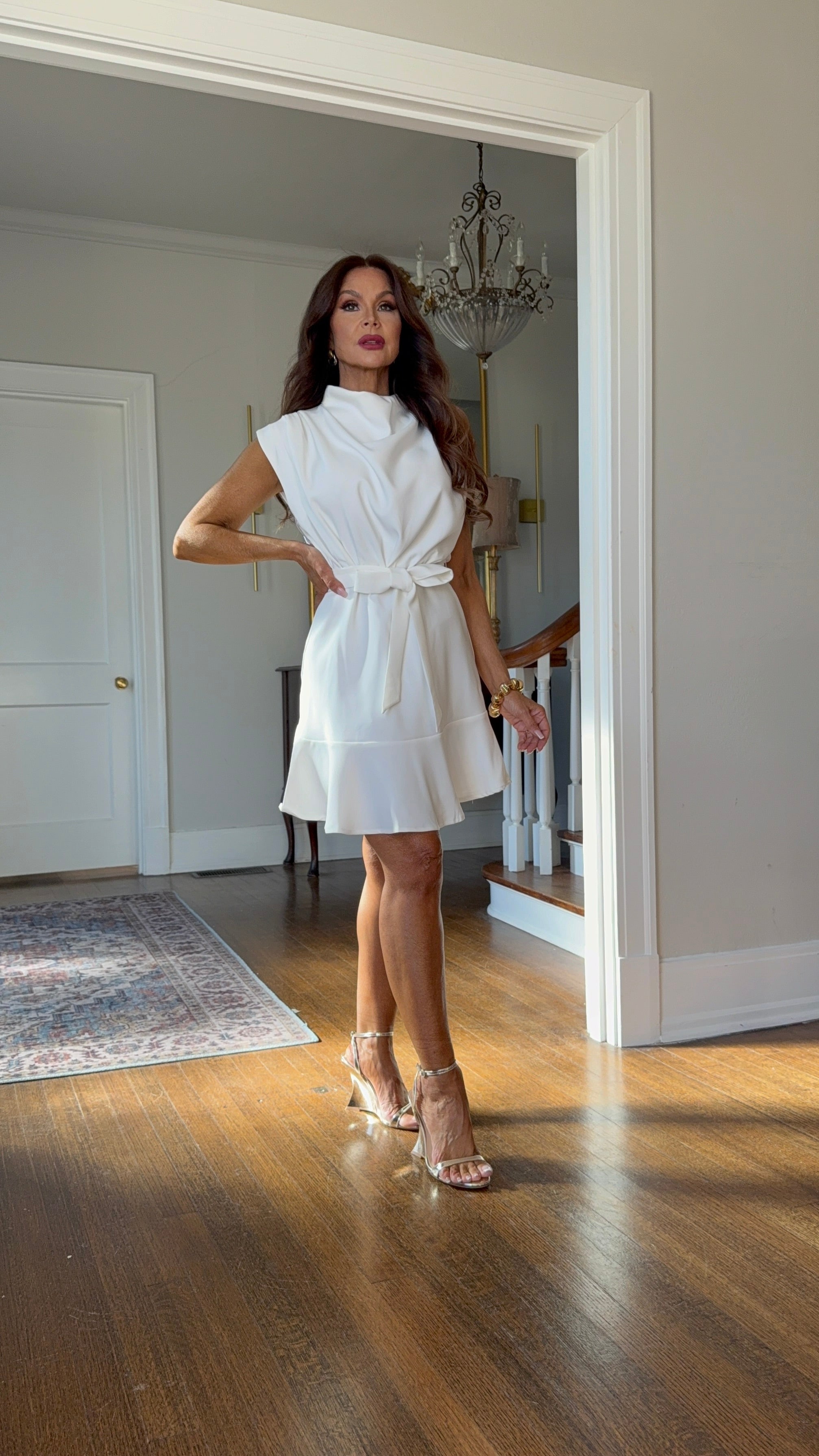 Sondra white cowl neck a line mini dress with belt