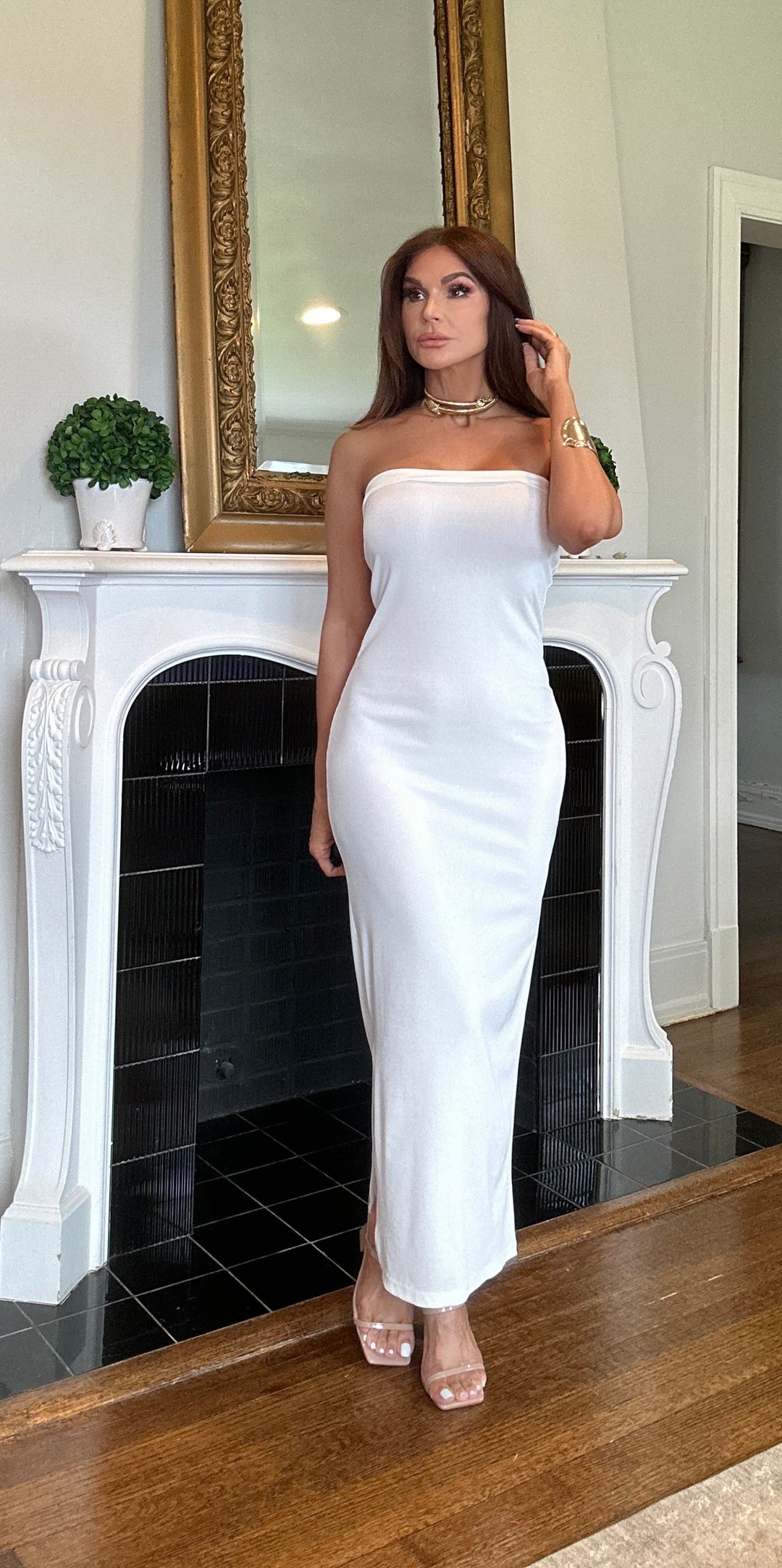 Sasha white textured tube maxi dress with slit