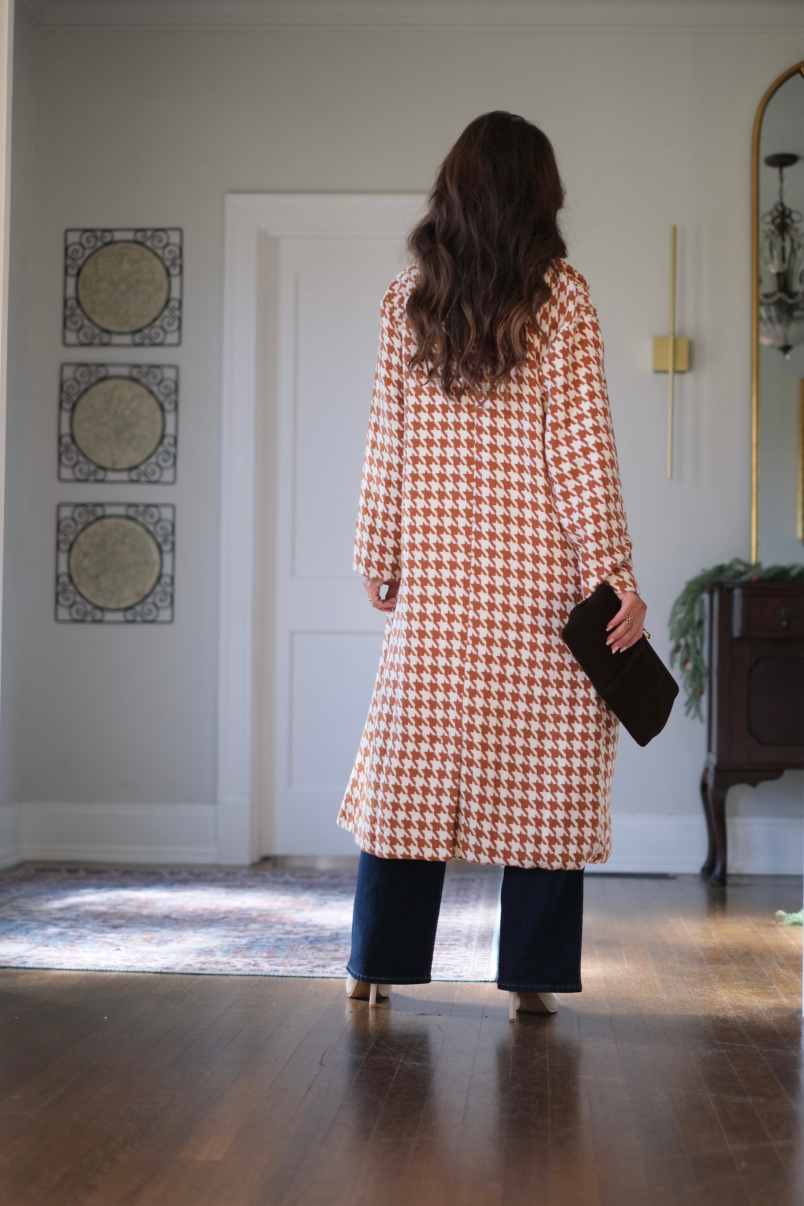 Rakin Rust and Ivory Houndstooth Long Coat