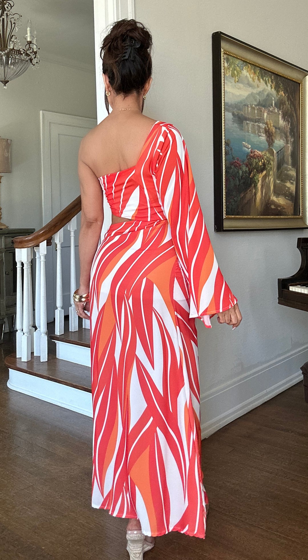 Deb coral and white patterned one sleeve maxi dress with cut out tie