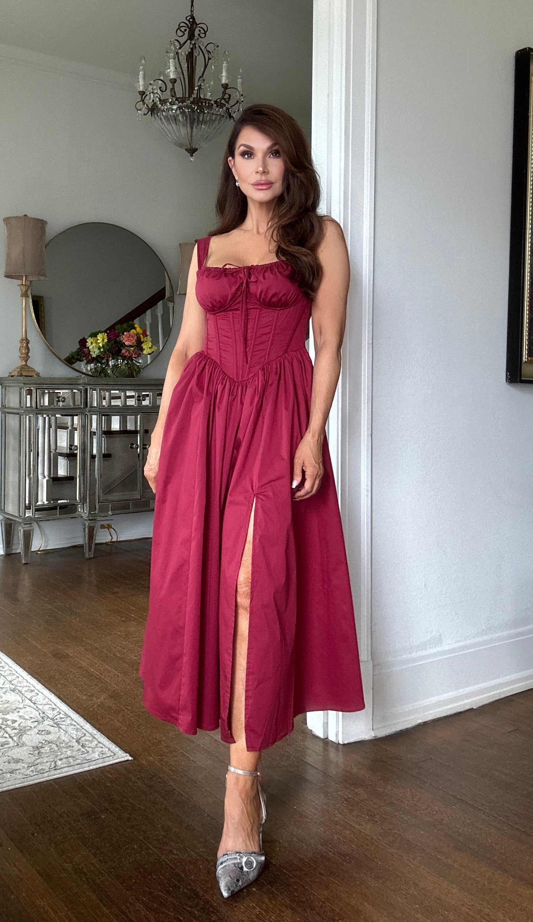 Teo wine corset a line maxi dress with slit