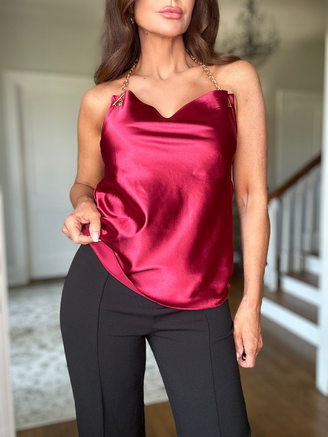 Shae burgundy wine satin open back chain later top