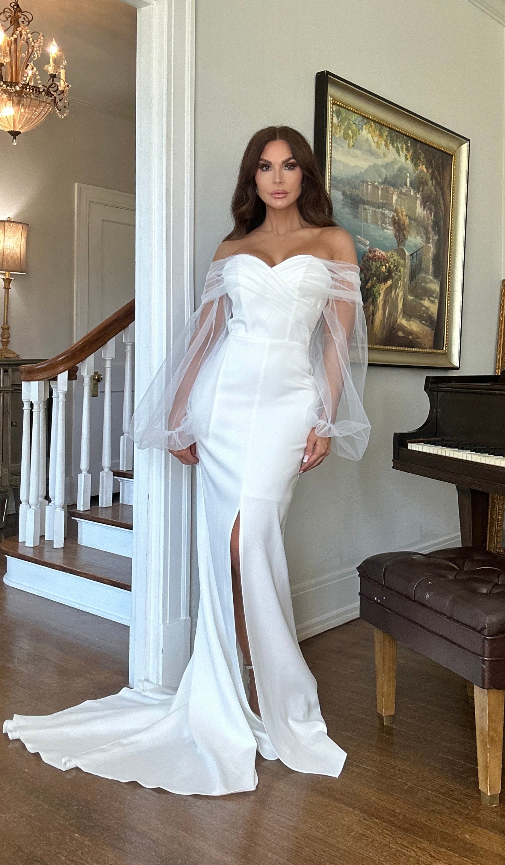 Snow off-white off-shoulder tulle sleeved formal with middle slit