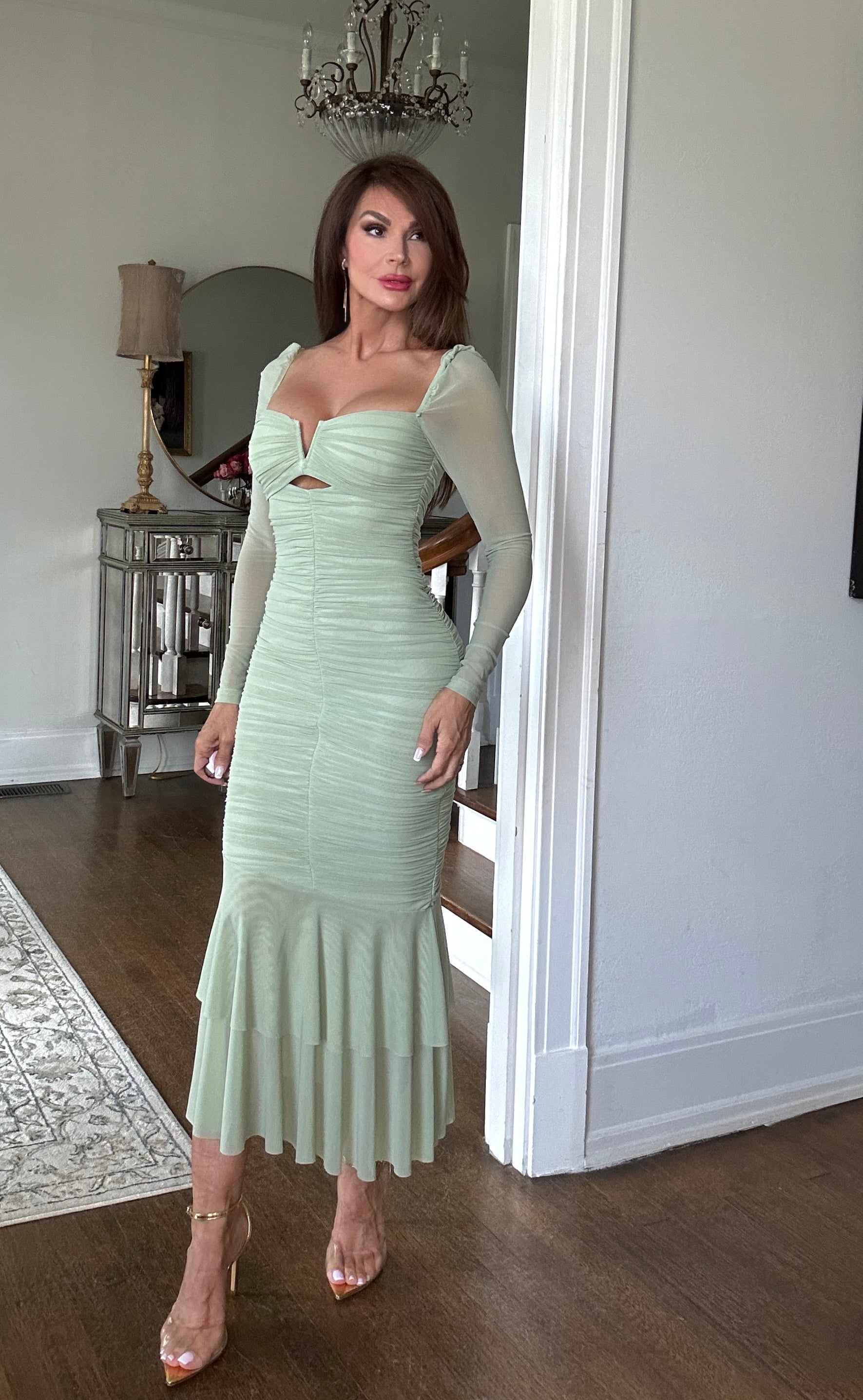 Ayla mint mesh rushed mermaid midi dress