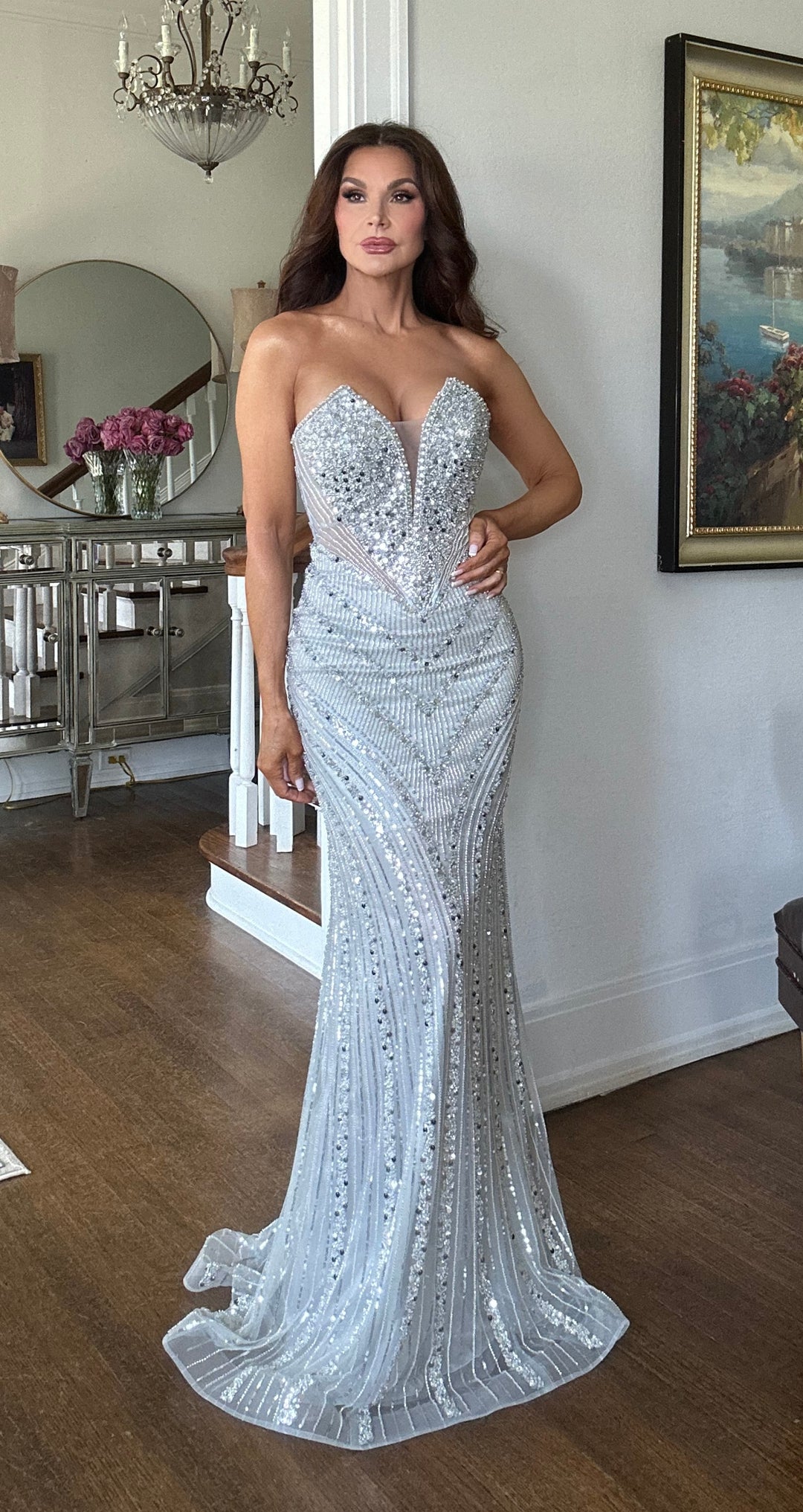 Gwen graphite silver strapless sequin gown with train