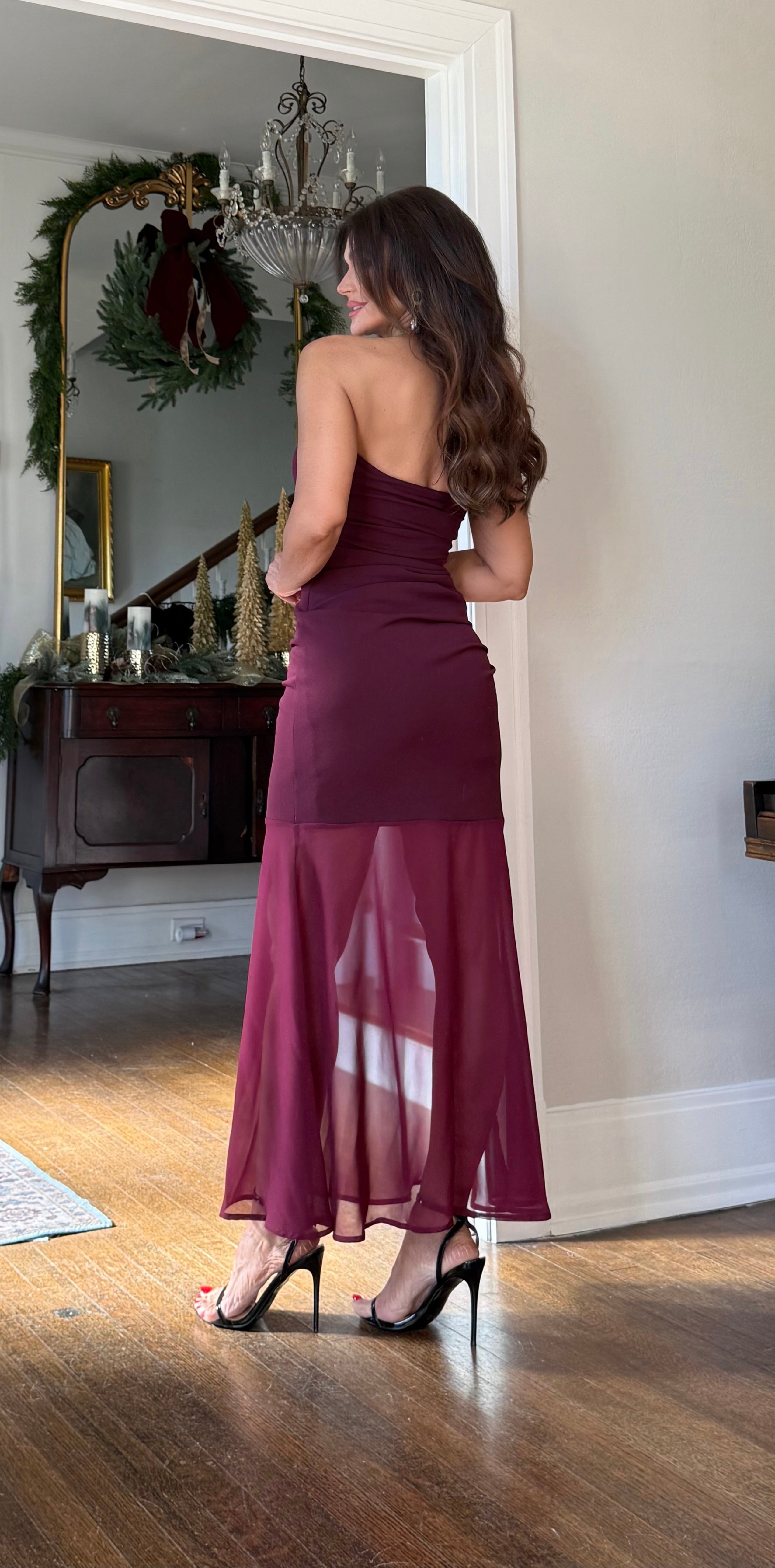 Cora Burgundy Strapless Midi Dress With Shear Bottom