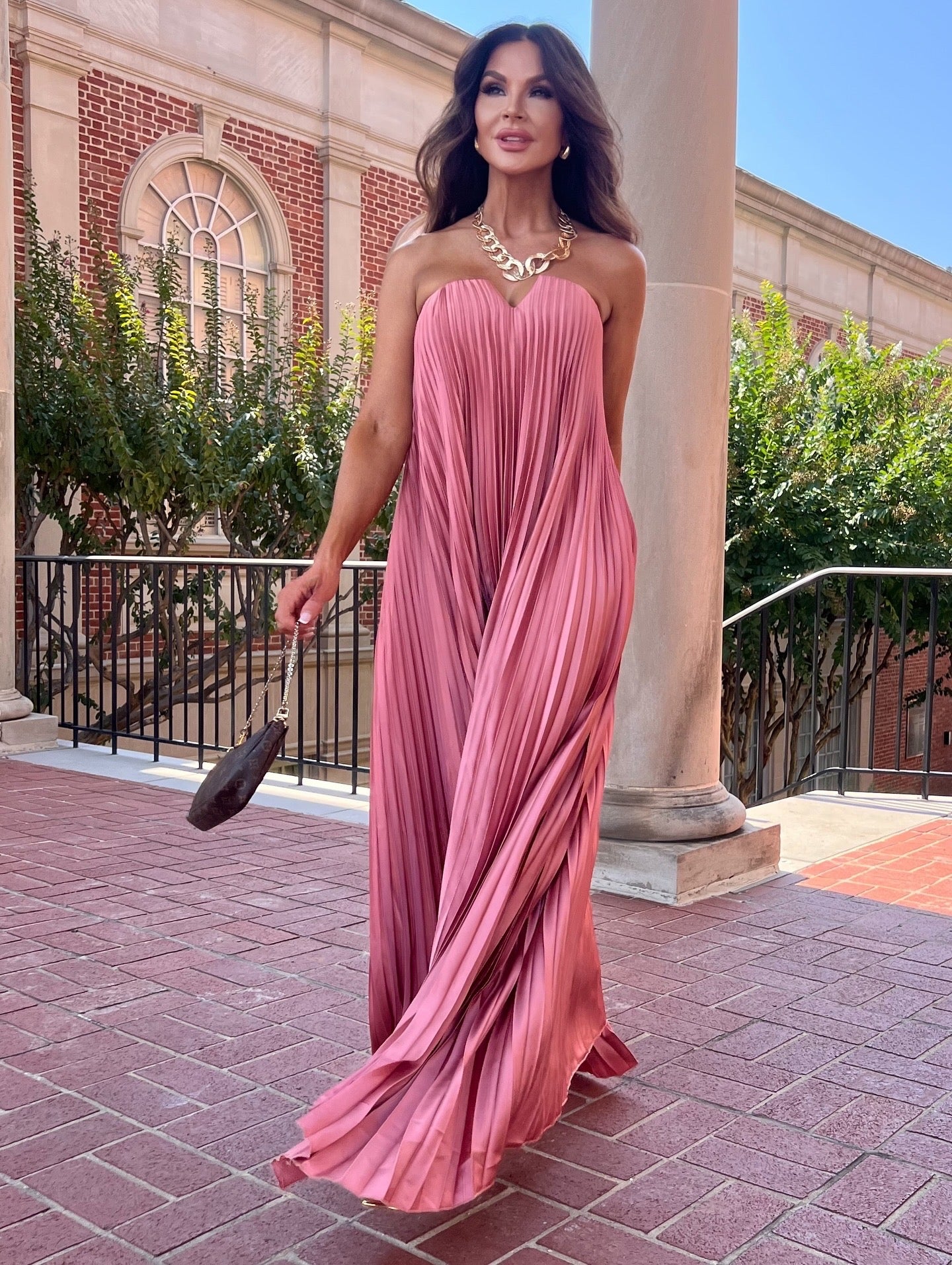 Isla Dusty Rose Strapless Pleated Midi Dress