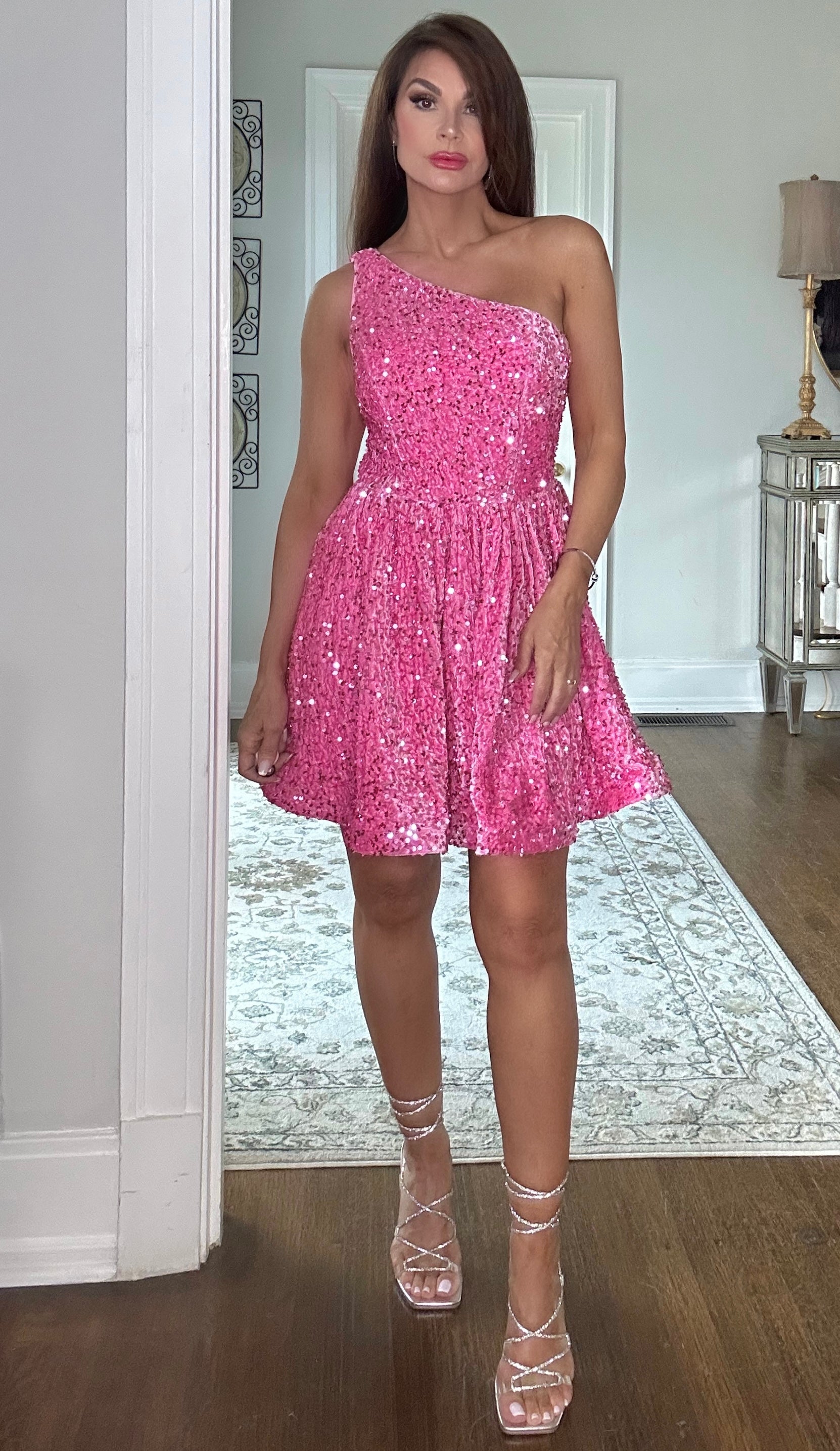 Chandler Pink Sequin One Shoulder Circle Mini Dress